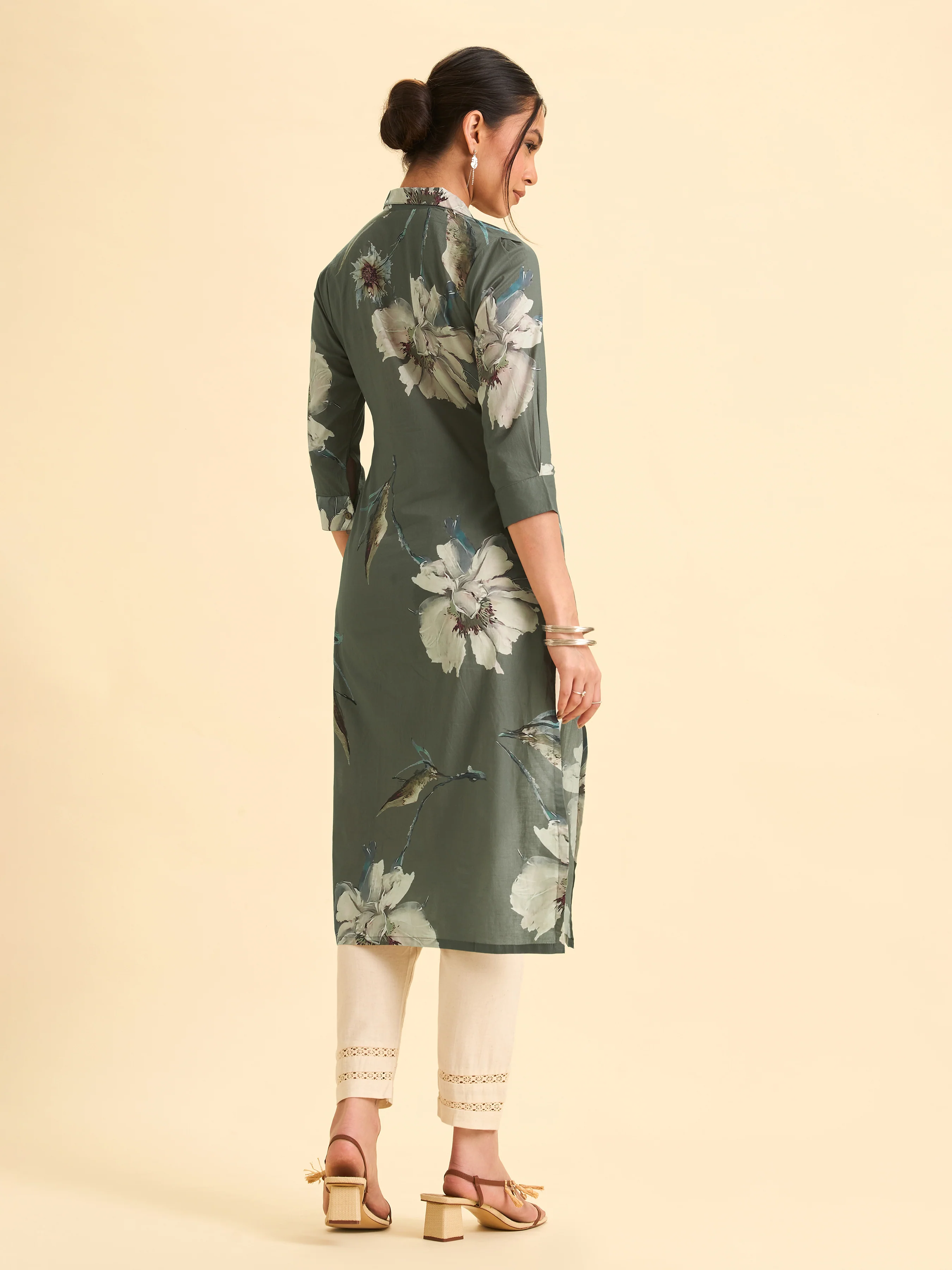 Sage Green Cotton Printed Kurti With Knife Pleat - Image 4