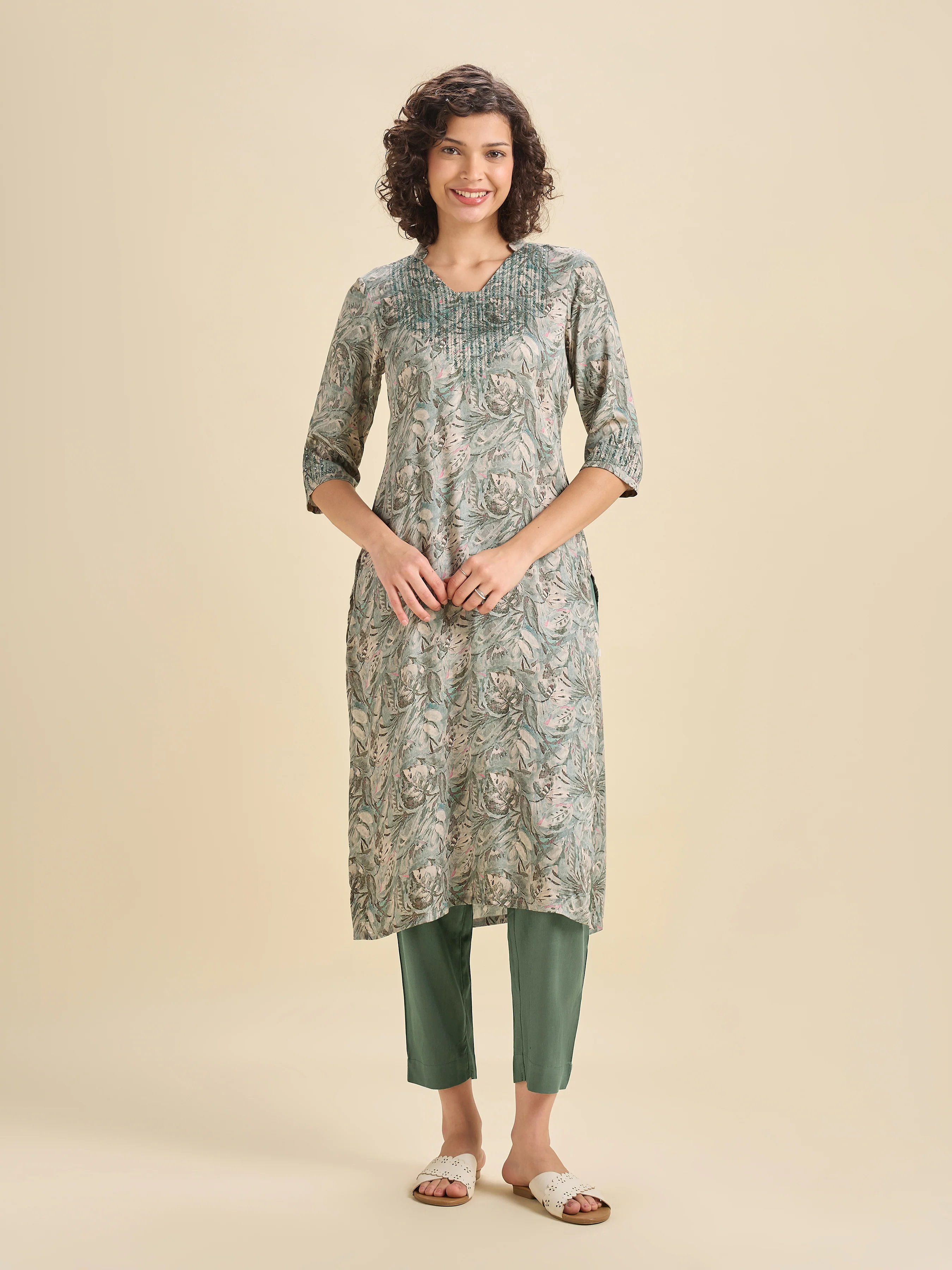 Sage Green Modal Satin Slitted Kurti Set With Embroidery & Sequins Work - Image 3