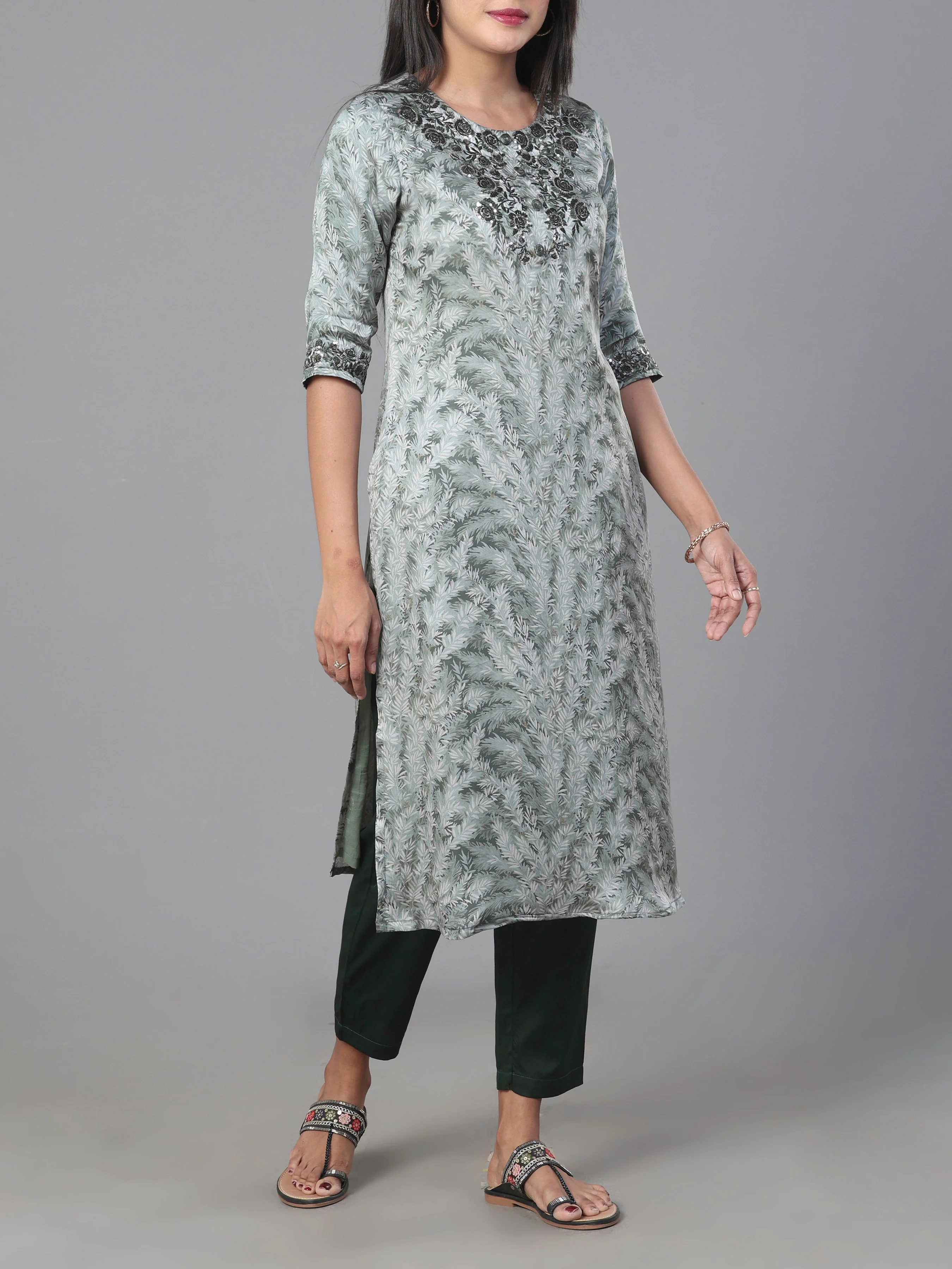 Sage Green Organza Satin Kurti With Embroidery And Matching Bottom - Image 3