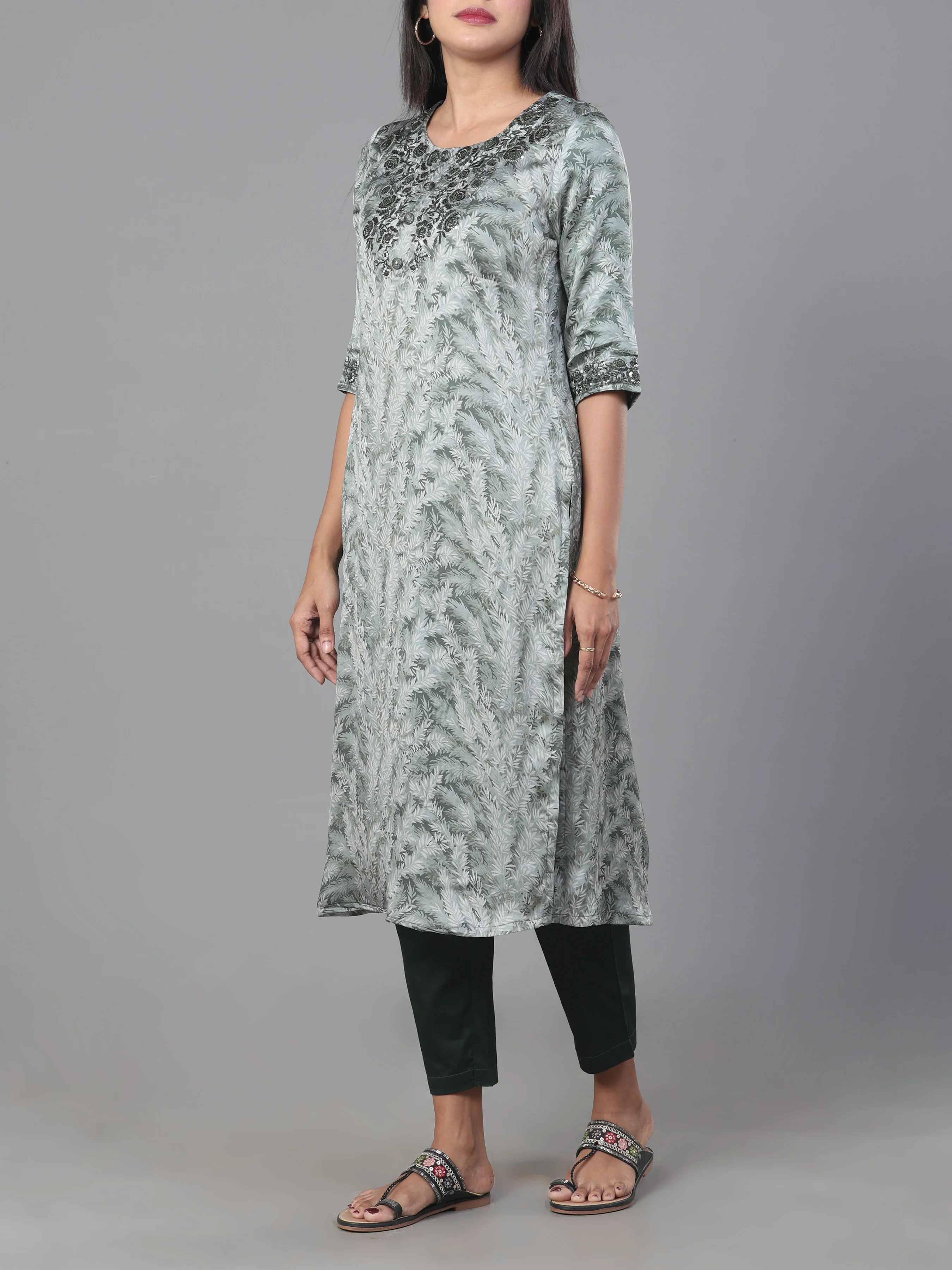 Sage Green Organza Satin Kurti With Embroidery And Matching Bottom - Image 4