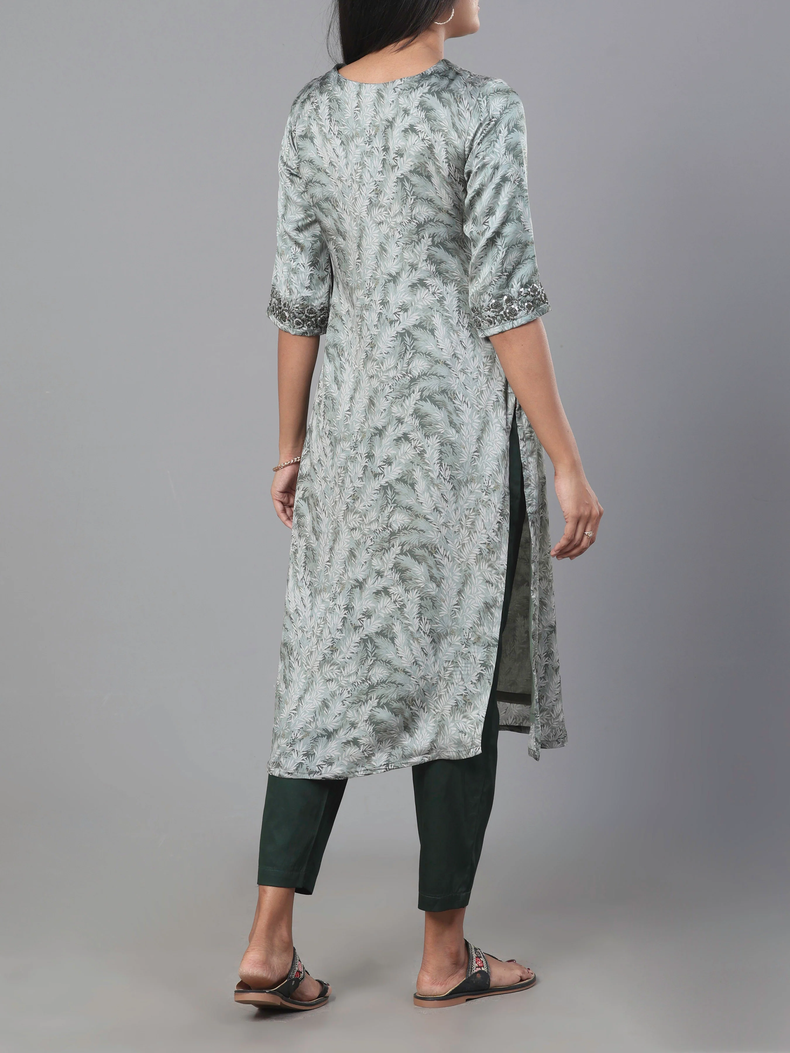 Sage Green Organza Satin Kurti With Embroidery And Matching Bottom - Image 5