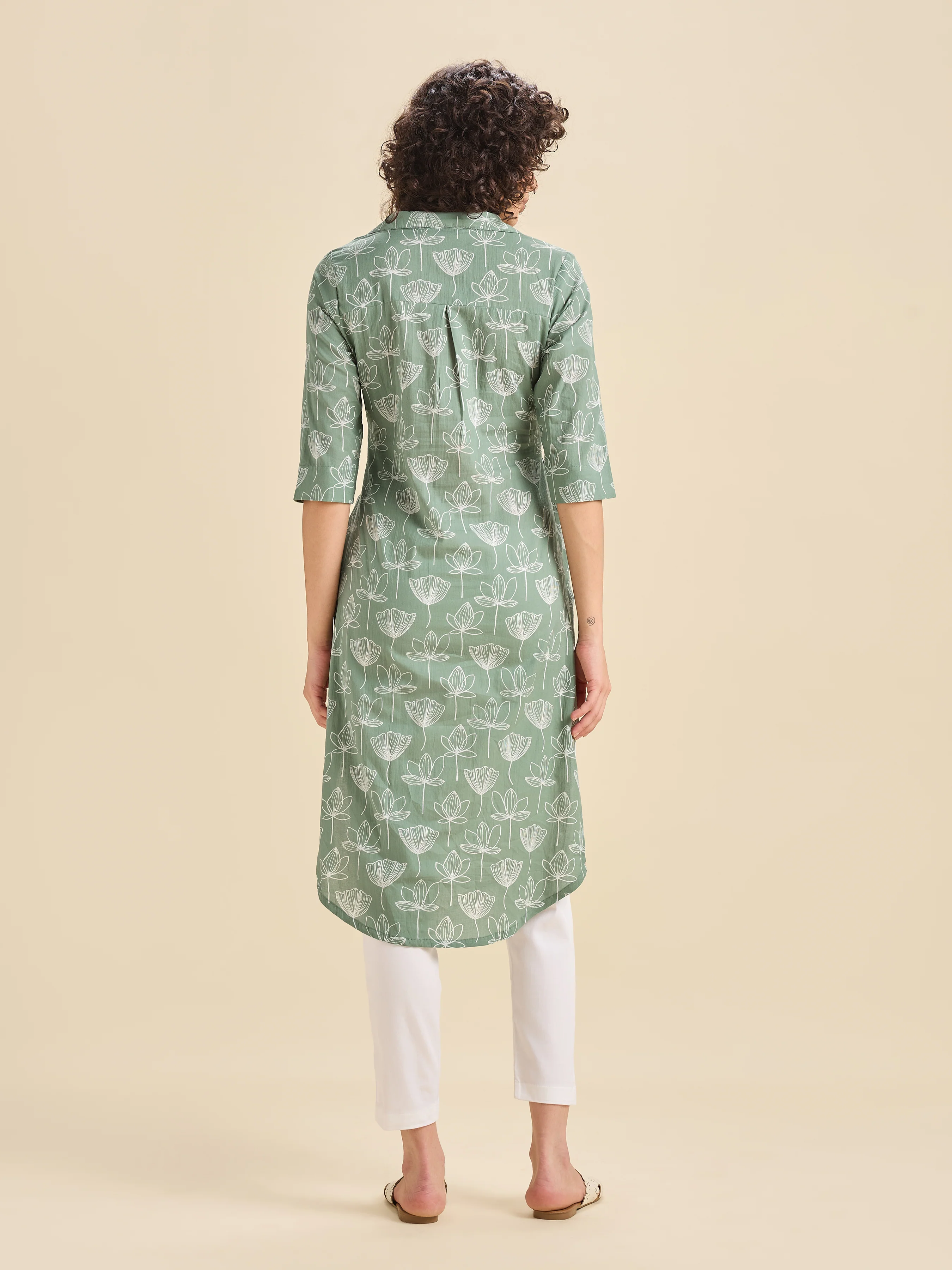 Sage Green Pure Cotton Printed Slited Kurti With Curved Hem - Image 5