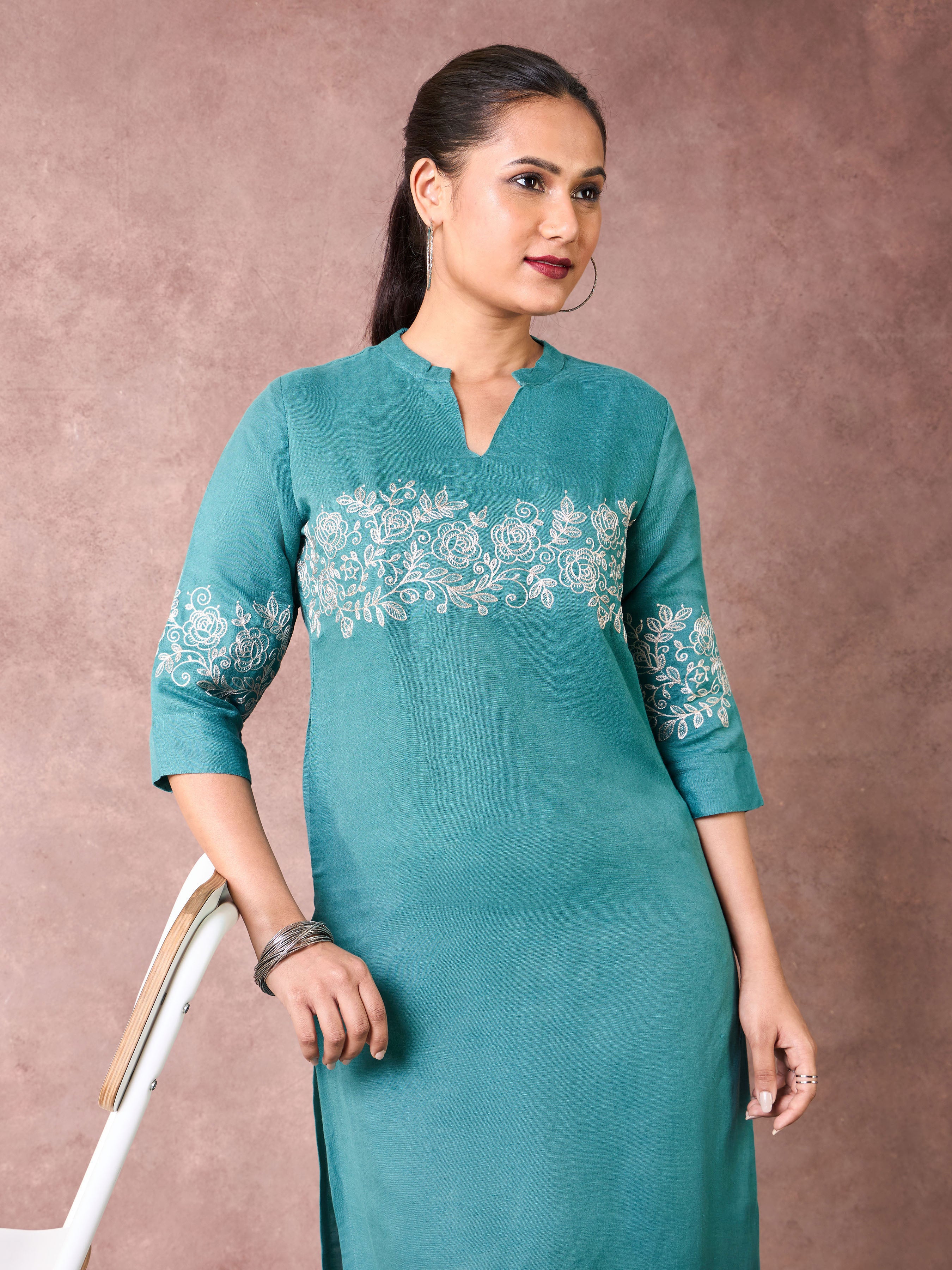 Teal Blue Viscose Linen Kurti & Bottom With Embroidery - Image 3