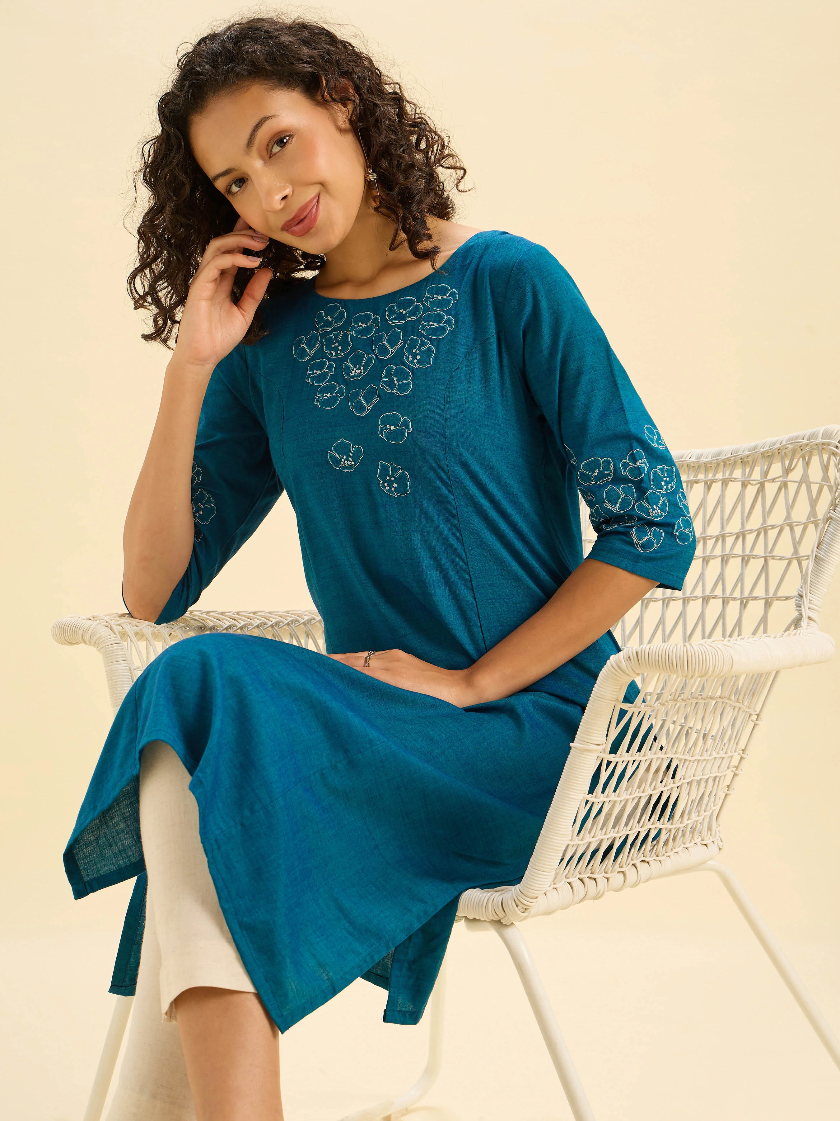 Teal Blue Cotton Viscose Kurti With Embroidery - Image 4