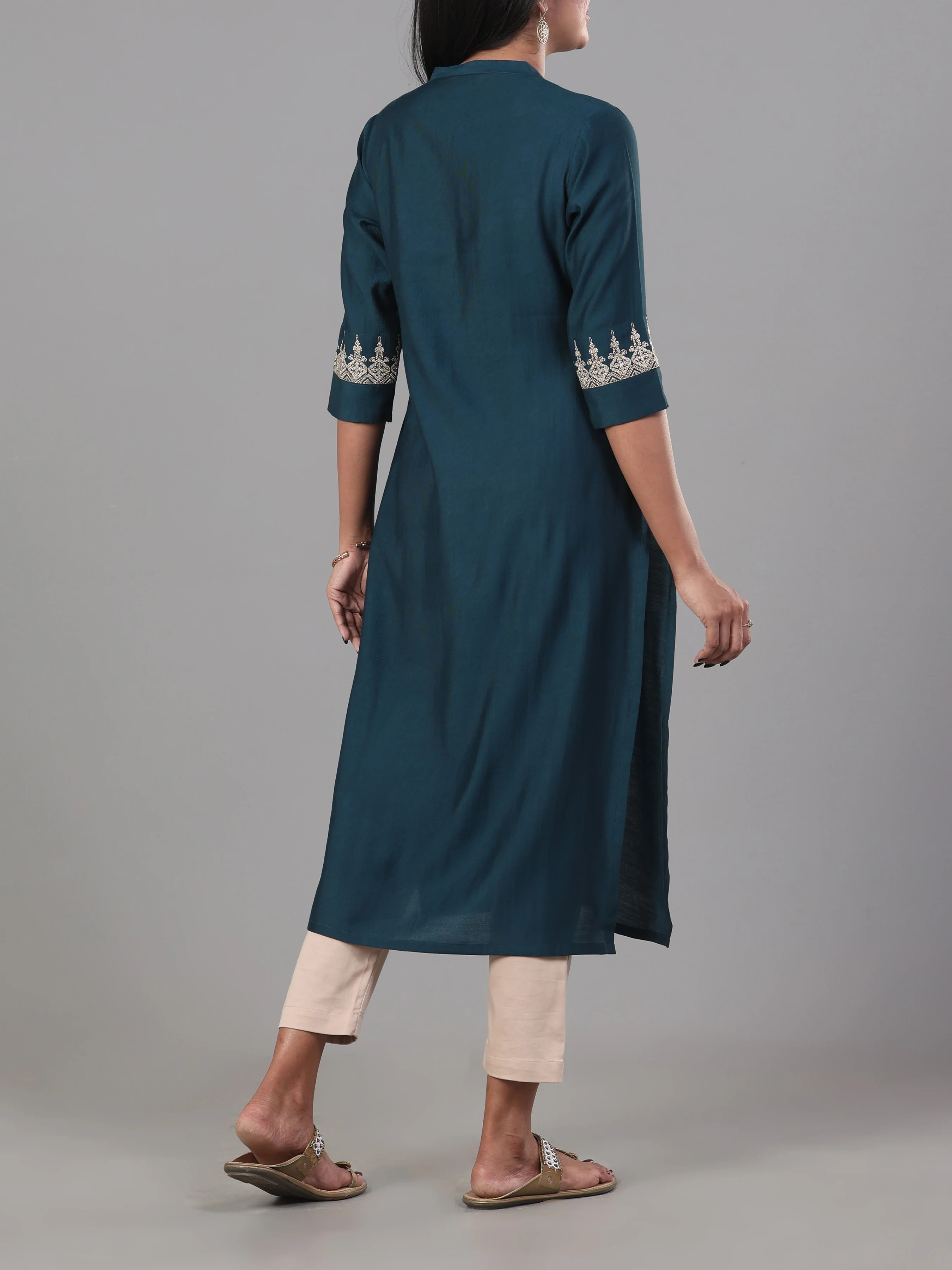 Teal Blue Denting Viscose Kurti With Embroidery And Sequins Work - Image 5