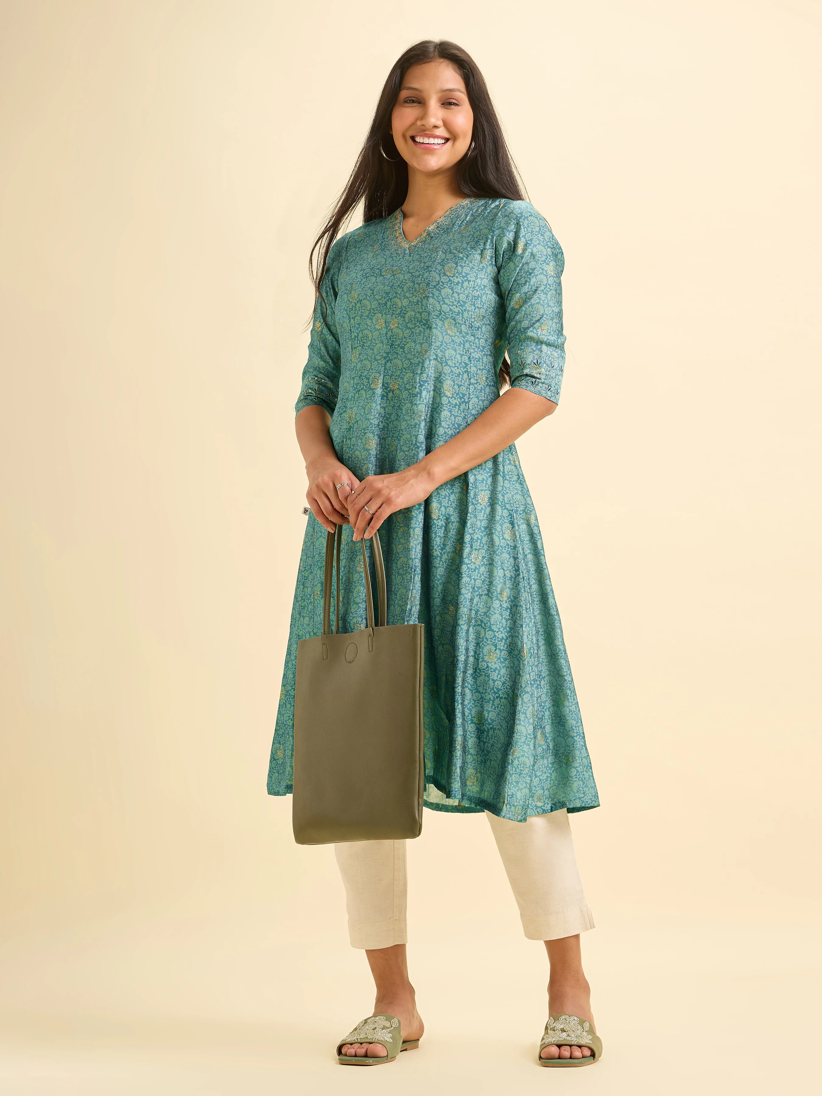 Teal Blue Modal Chanderi Printed Kalicut Kurti With Embroidery And Sequins Work - Image 3
