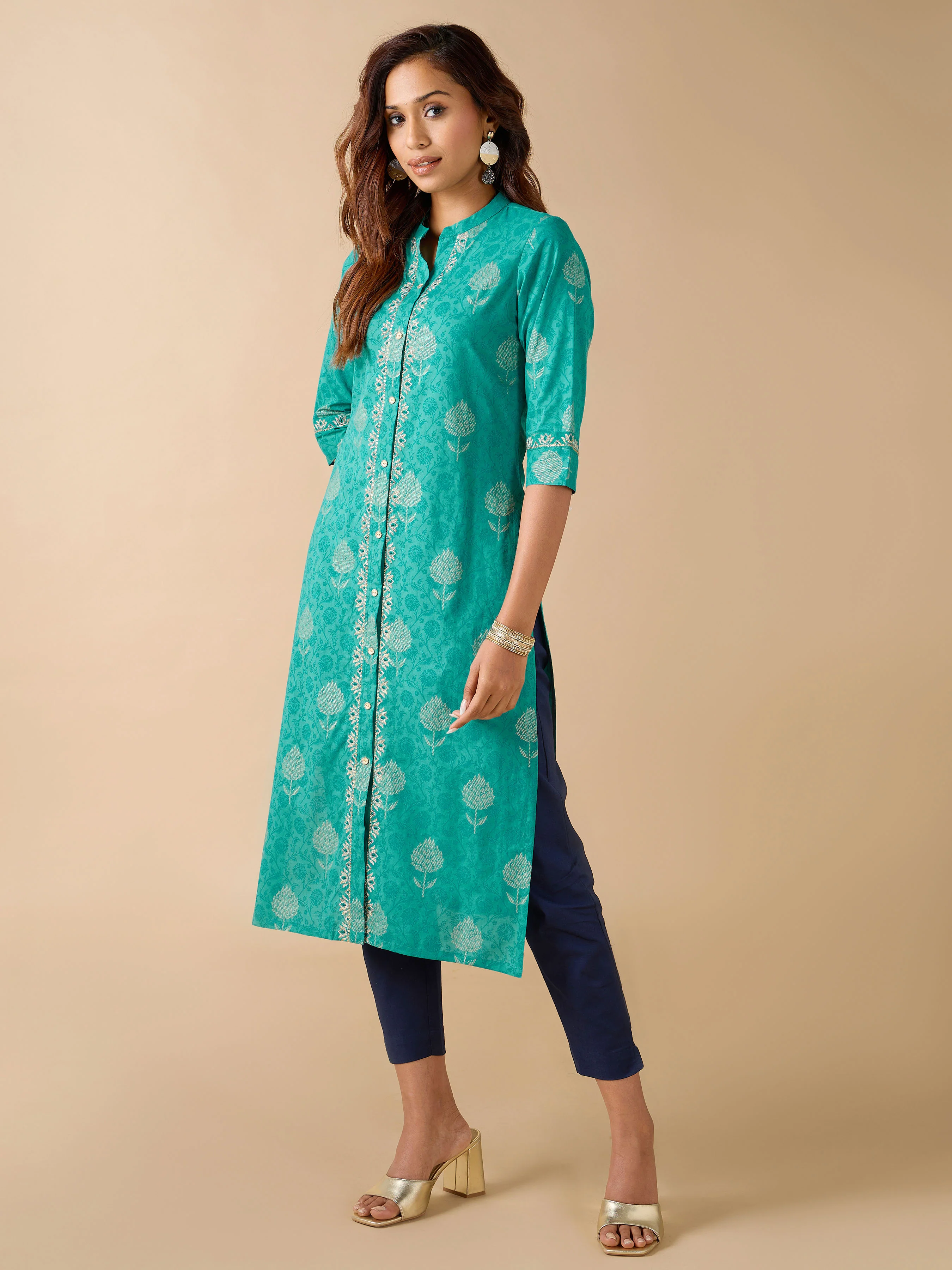 Teal Green Pure Cotton Printed Kurti With Embroidery - Image 3