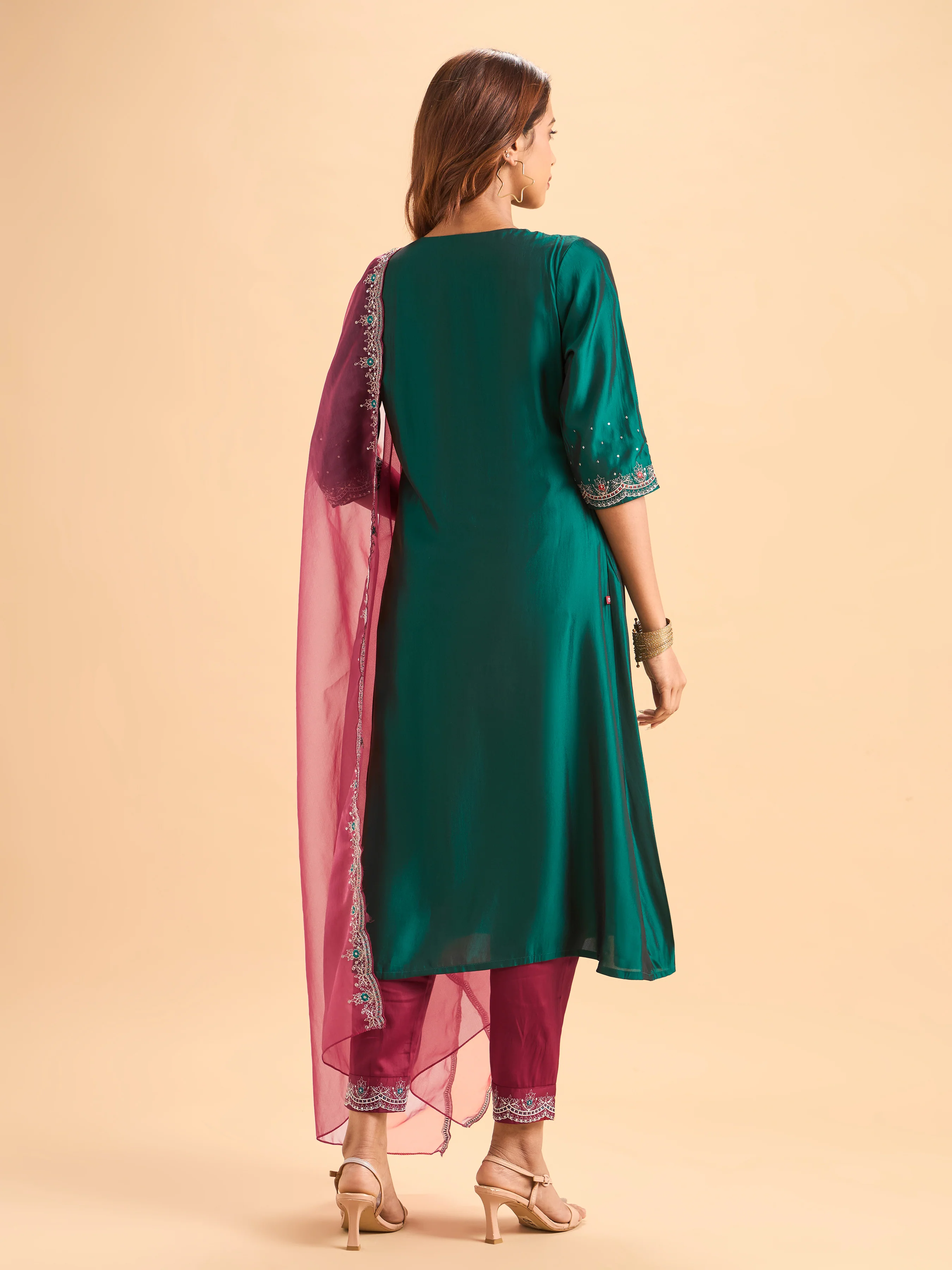 Teal Green Viscose Blend Kurti Set With Dupatta & Sequins Embroidery - Image 6
