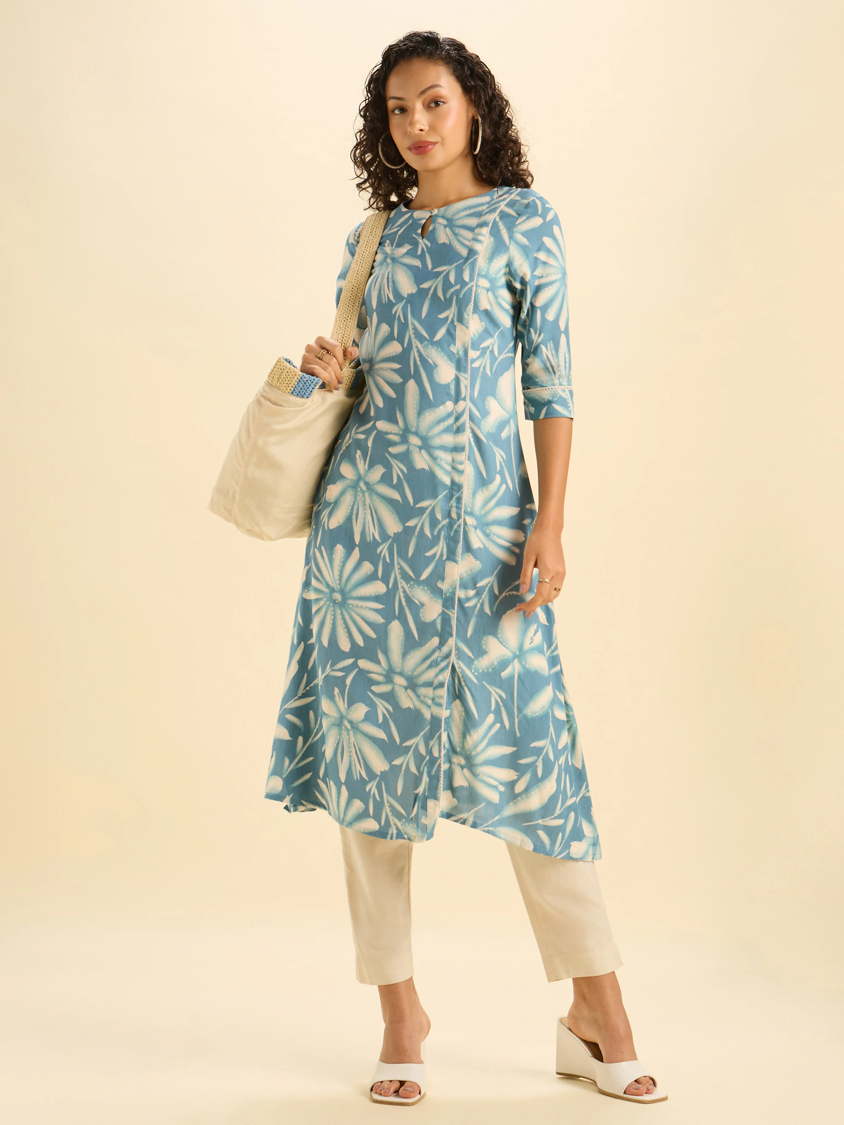 Teal Ivory Colour Viscose Printed Flared Kurti With Lace - Image 5