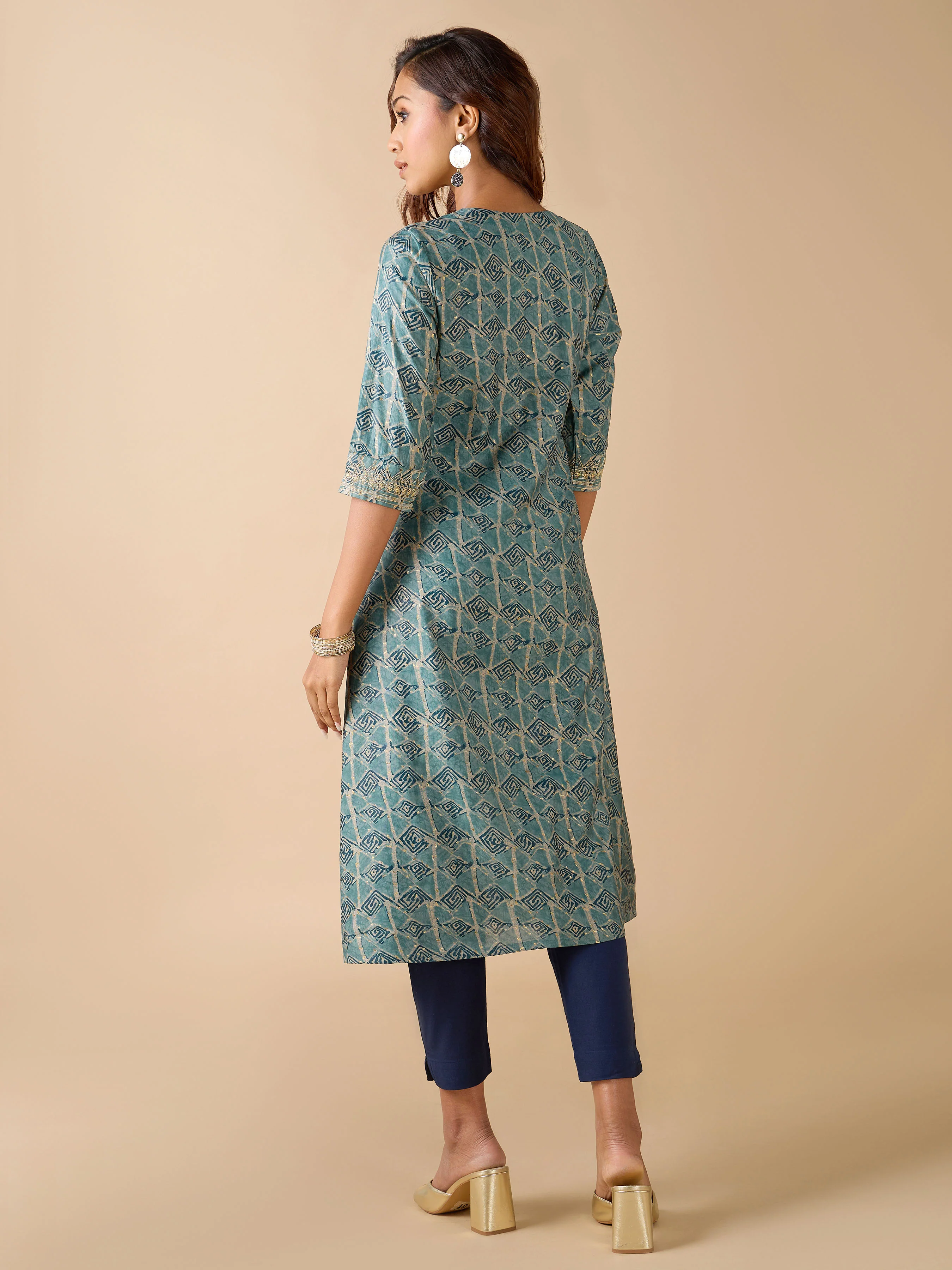 Teal Modal Chanderi Geometrical Printed Kurti With Sequins Embroidery - Image 5