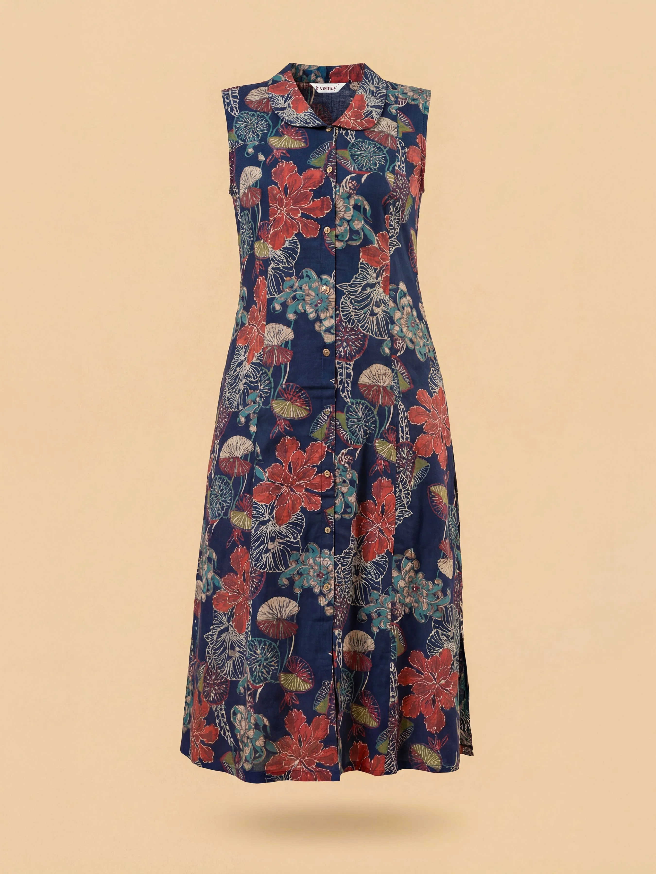 Teal Multi Colour Viscose Print Sleeveless Kurti With Smocking - Image 5