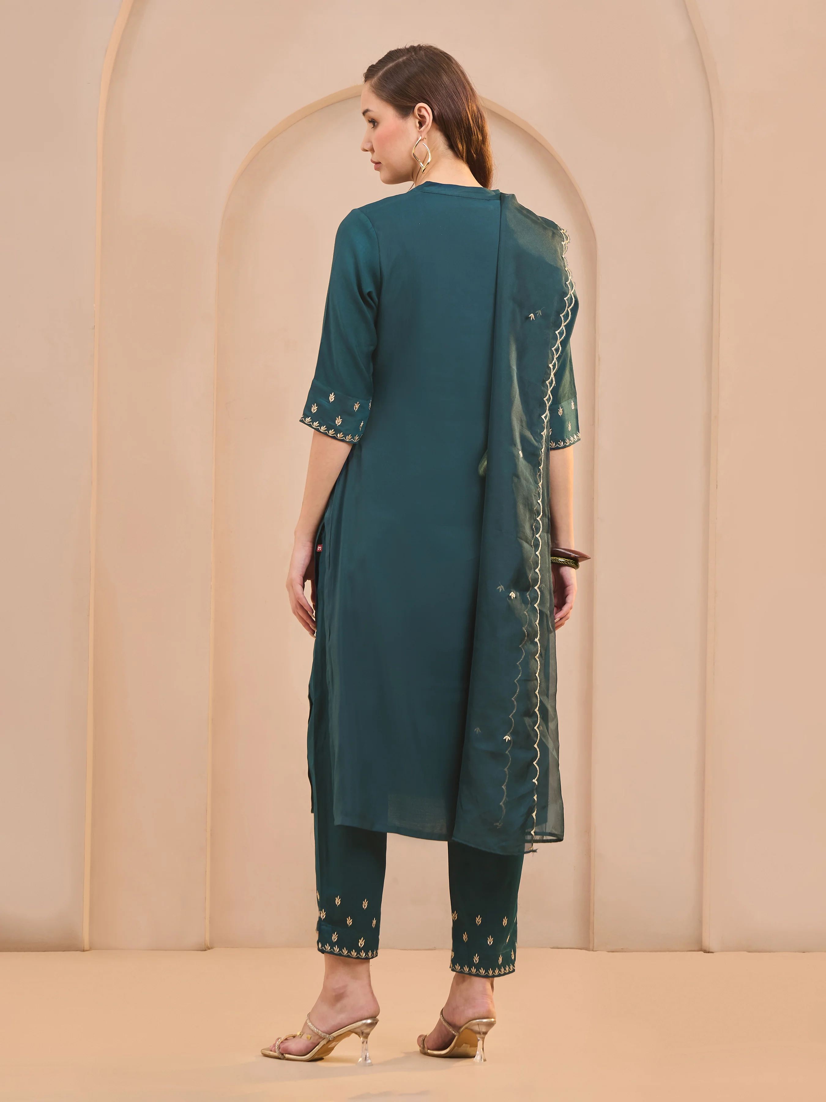 Teal Viscose Blend Kurti Set & Dupatta With Sequins Embroidery - Image 5