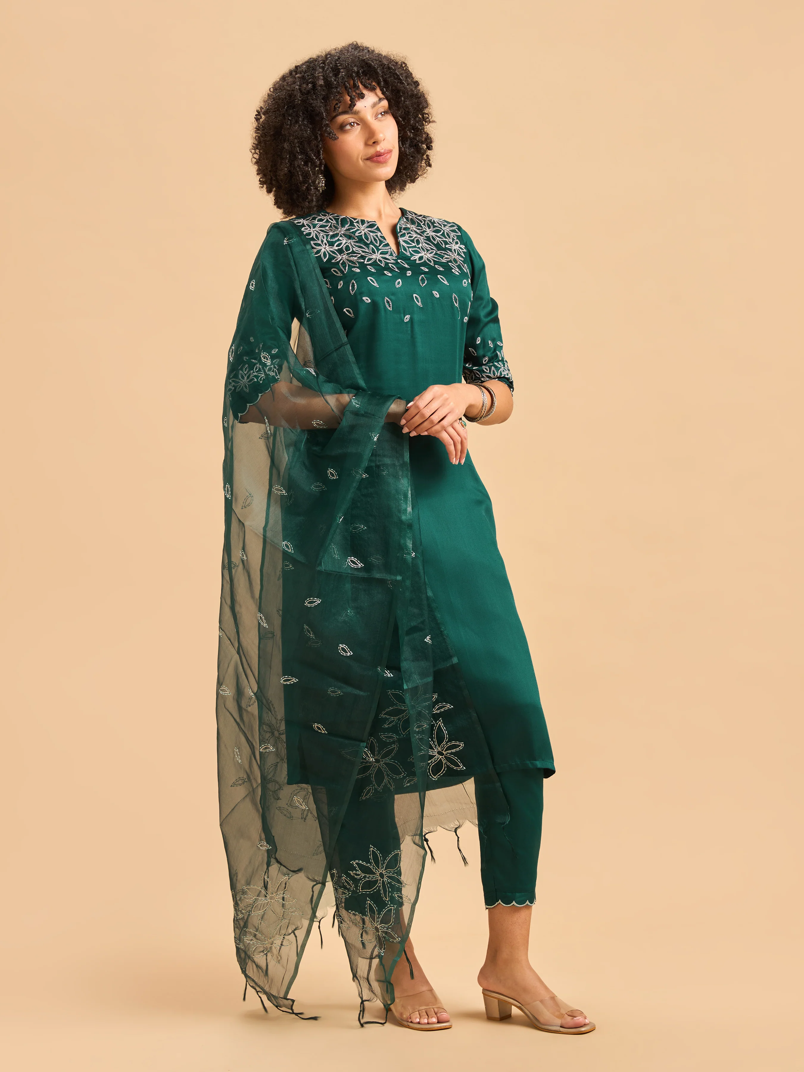 Teal Green Viscose Plain Kurti Set & Dupatta With Hand Work Embroidery - Image 4