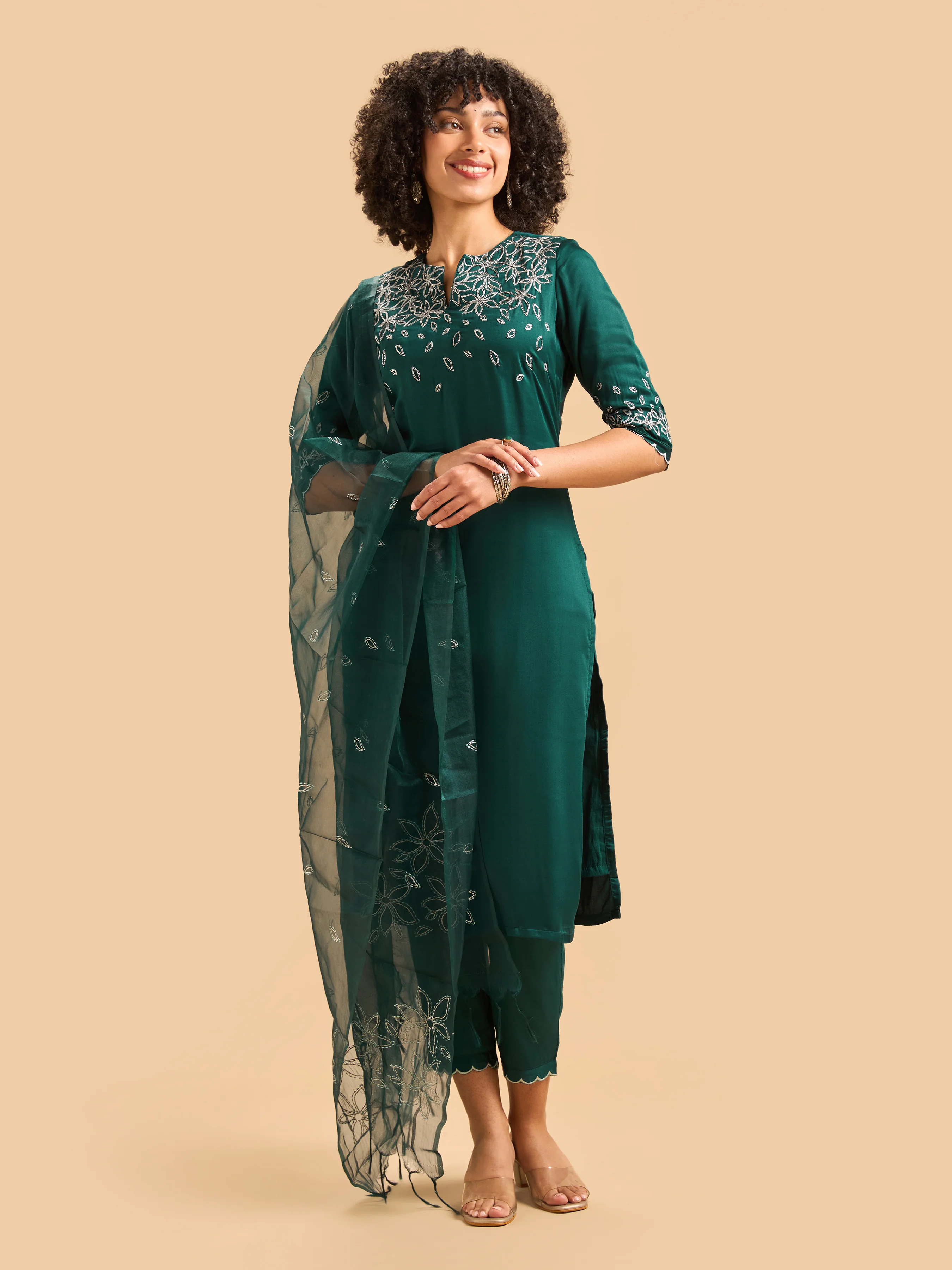 Teal Green Viscose Plain Kurti Set & Dupatta With Hand Work Embroidery - Image 6
