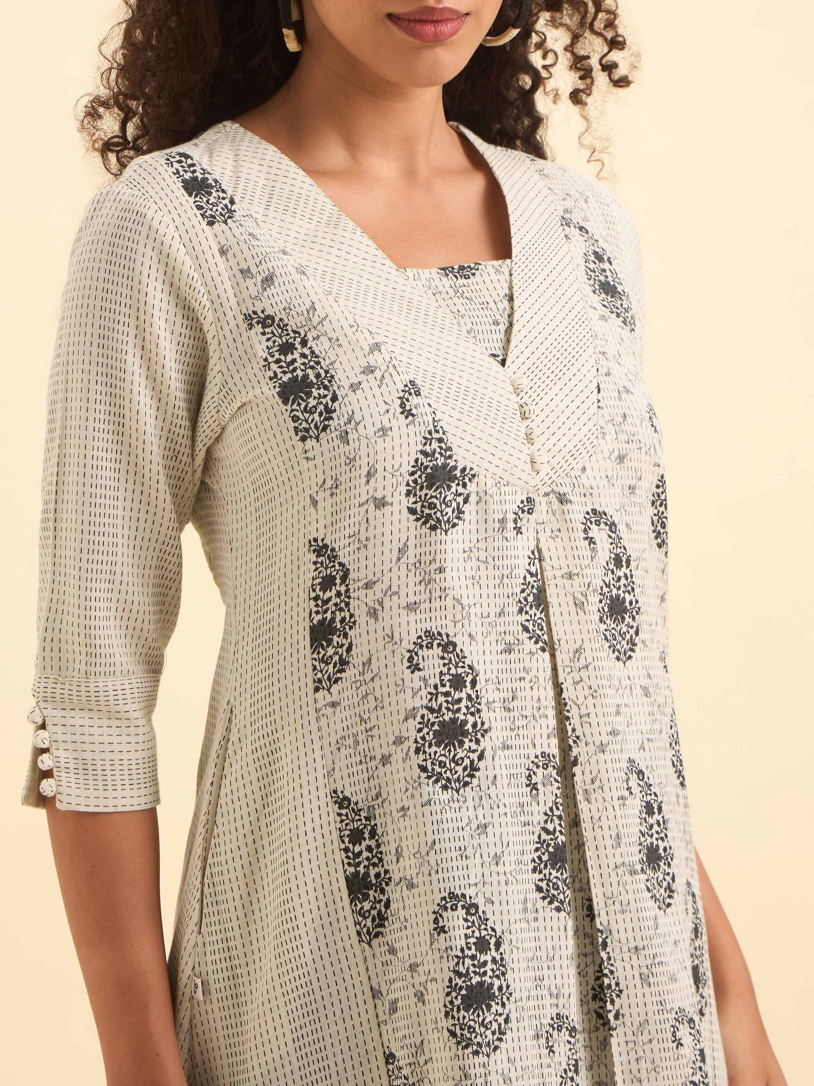 White Black Cotton Katha Printed Flared Kurti - Image 2