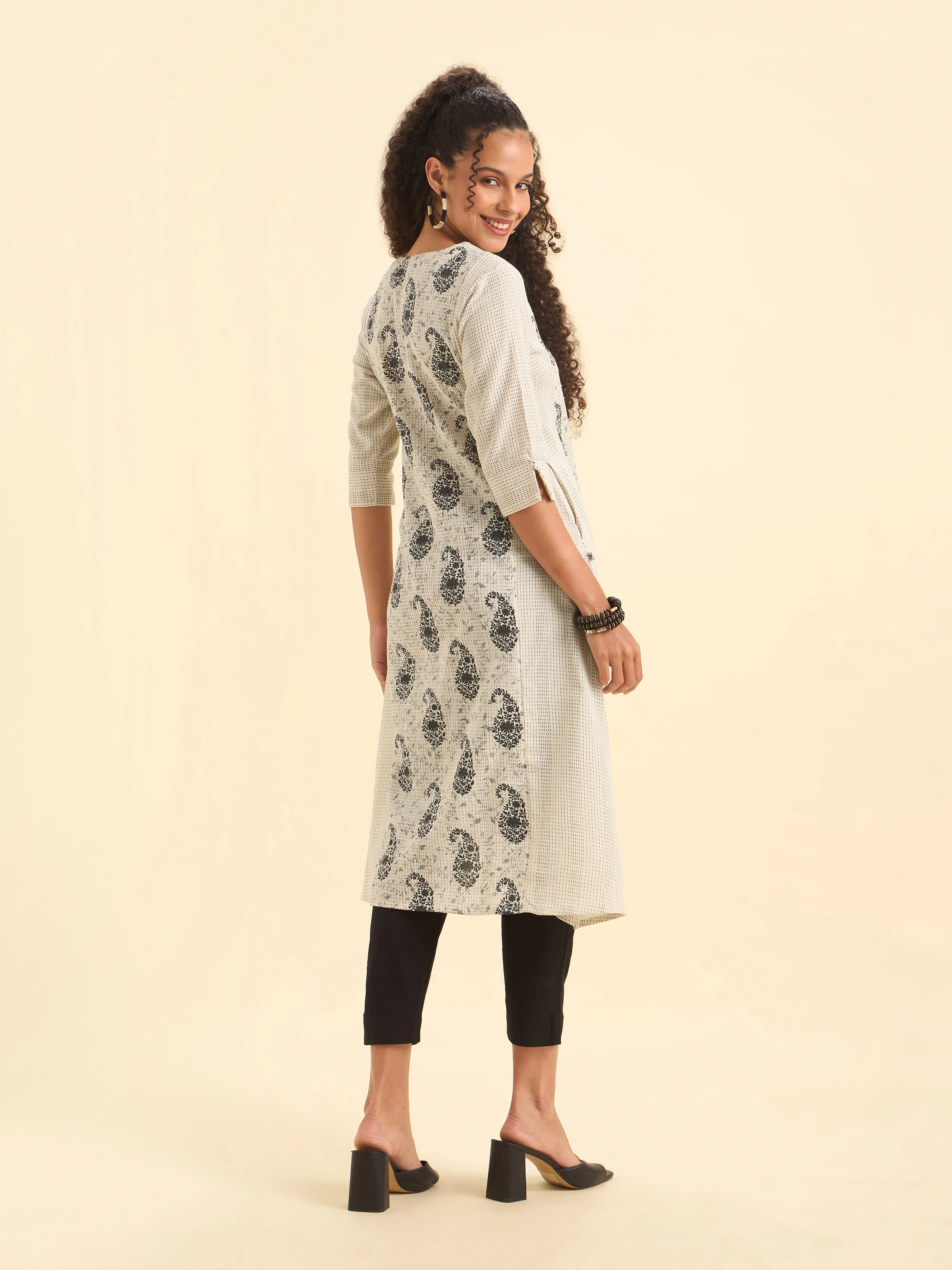 White Black Cotton Katha Printed Flared Kurti - Image 5