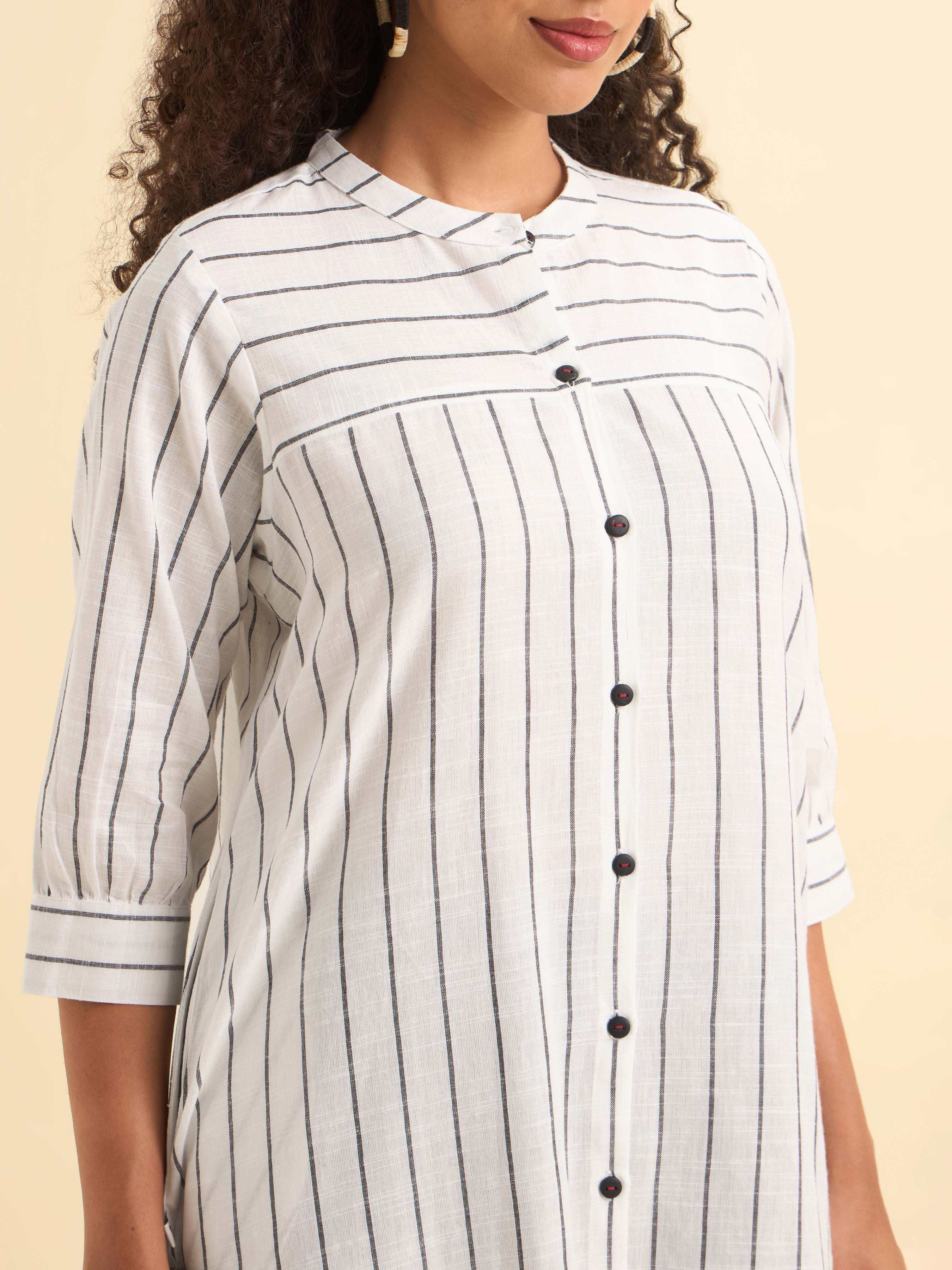 White Black Cotton Stripe Flared Kurti With Minimal Embroidery At Back Yoke - Image 2