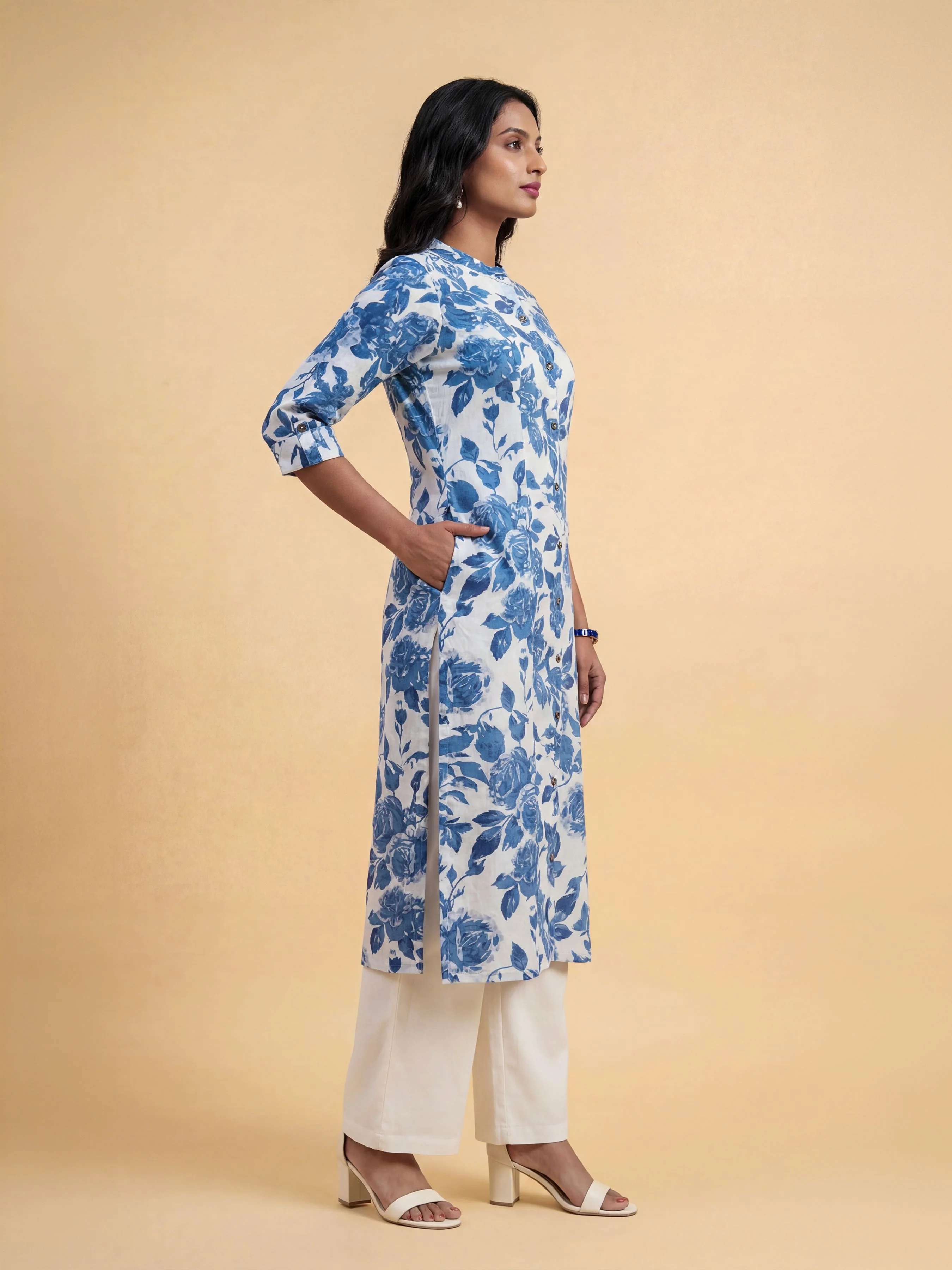 White Blue Colour Cotton Flax Printed Slit Kurti With Placket - Image 6