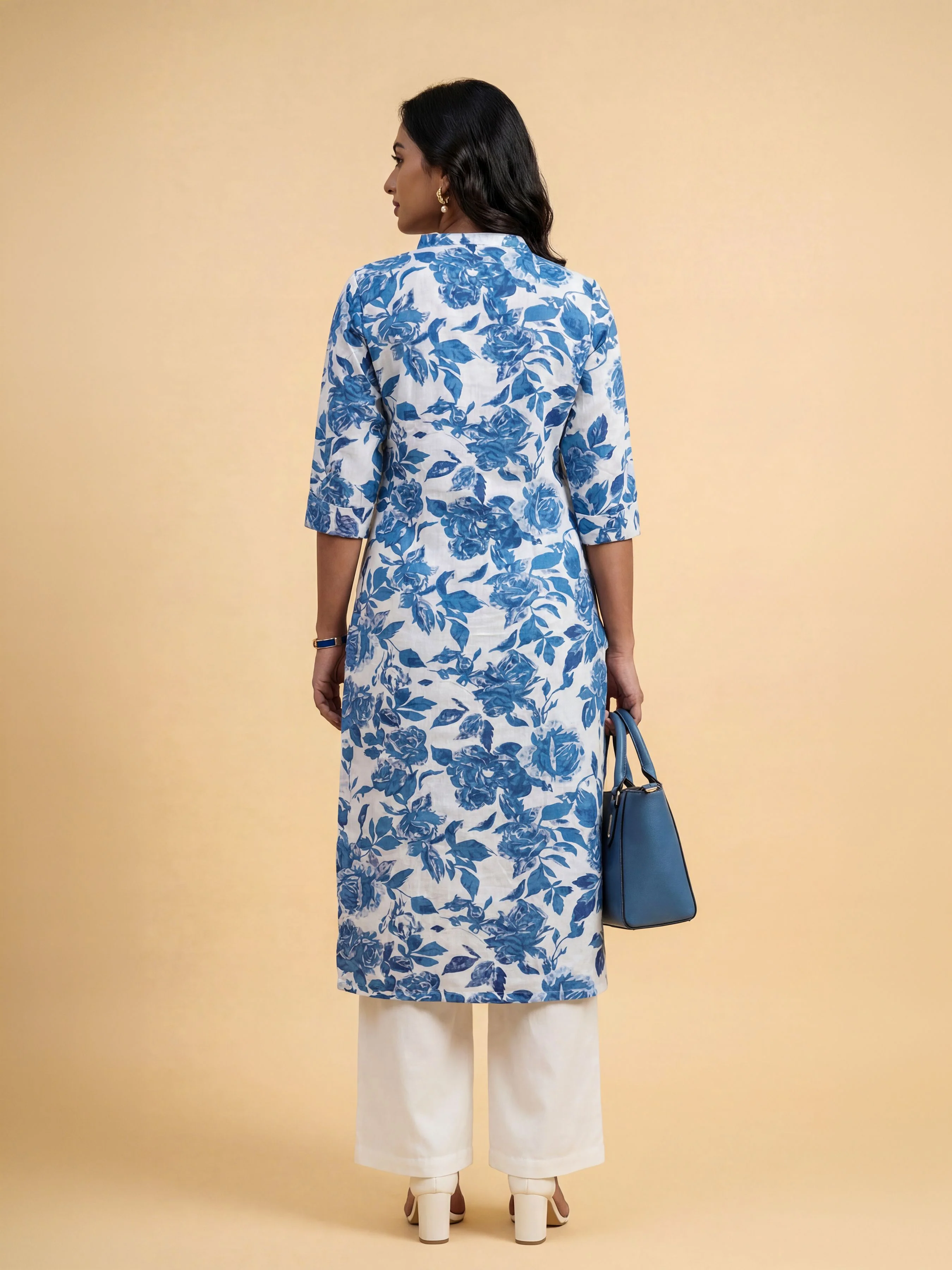 White Blue Colour Cotton Flax Printed Slit Kurti With Placket - Image 7