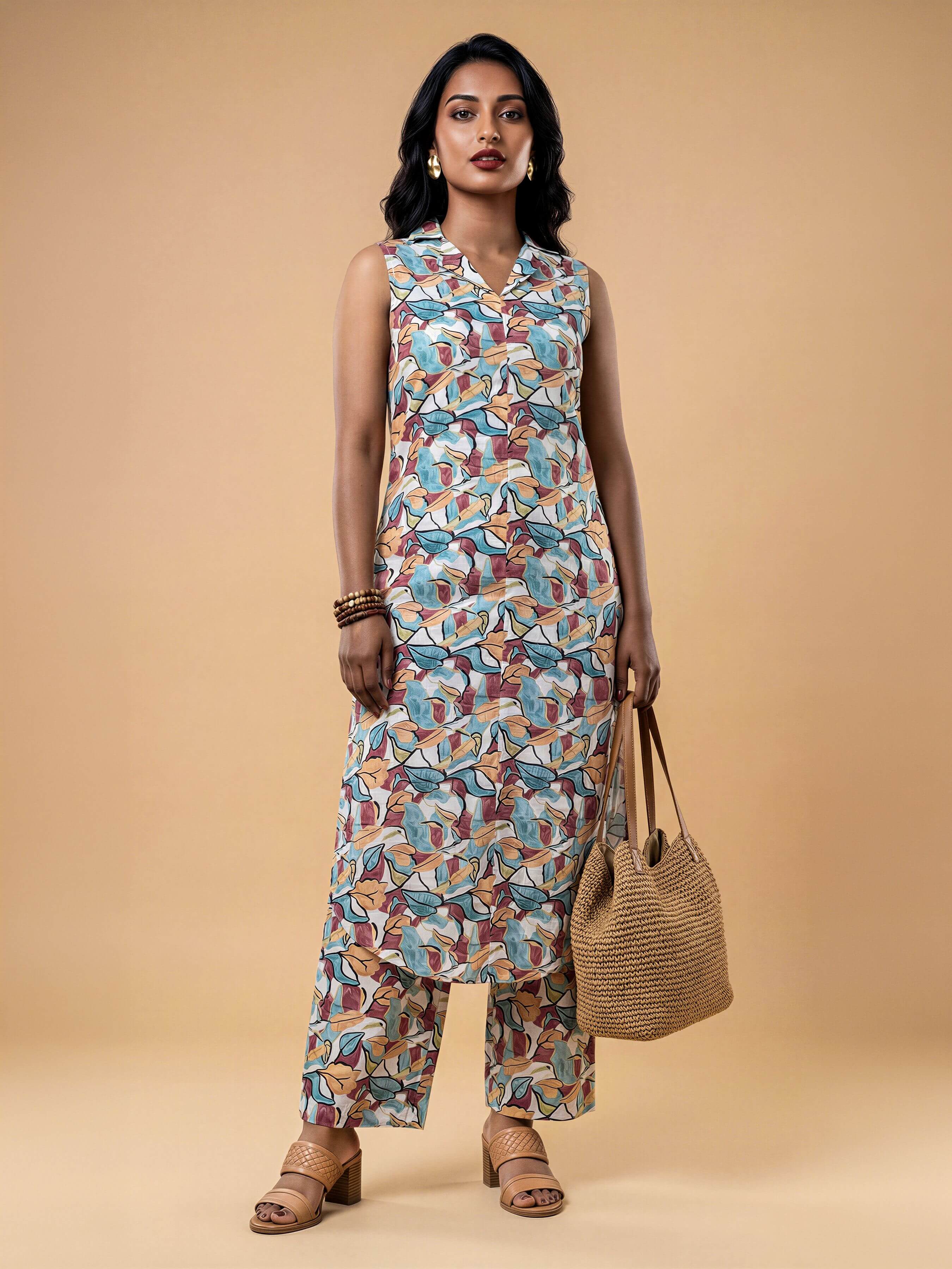 White Multi Colour Cotton Printed Kurti Set With Bottom - Image 4