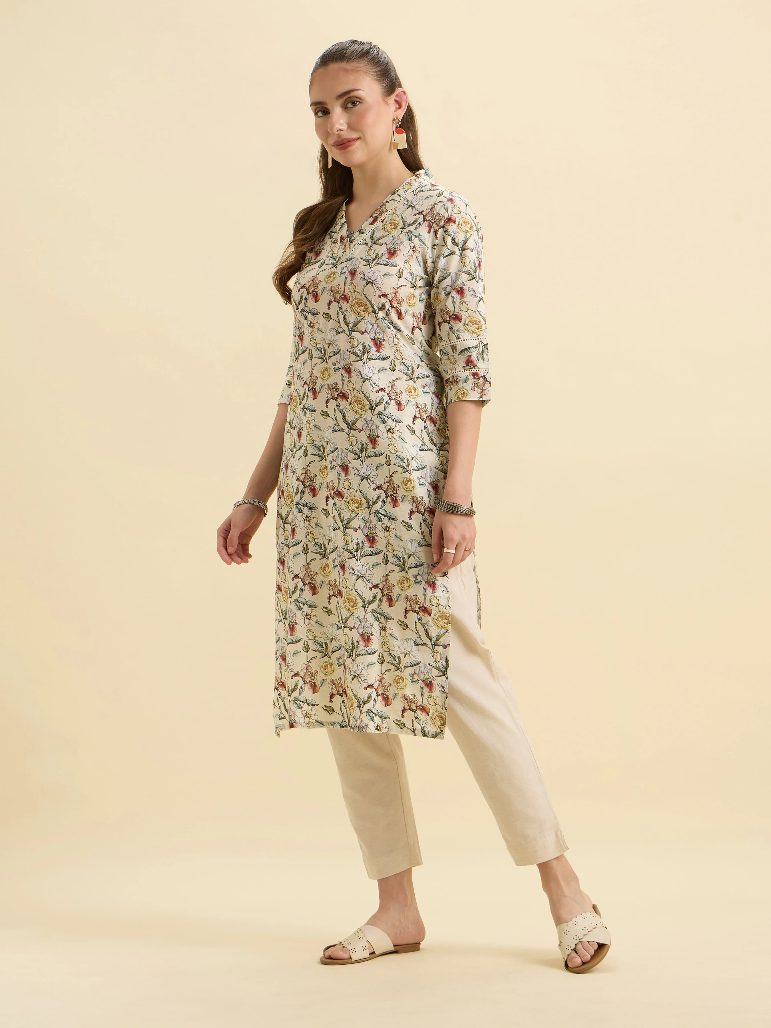 White Multicolour Pure Cotton Printed Slitted Kurti With Lace - Image 4