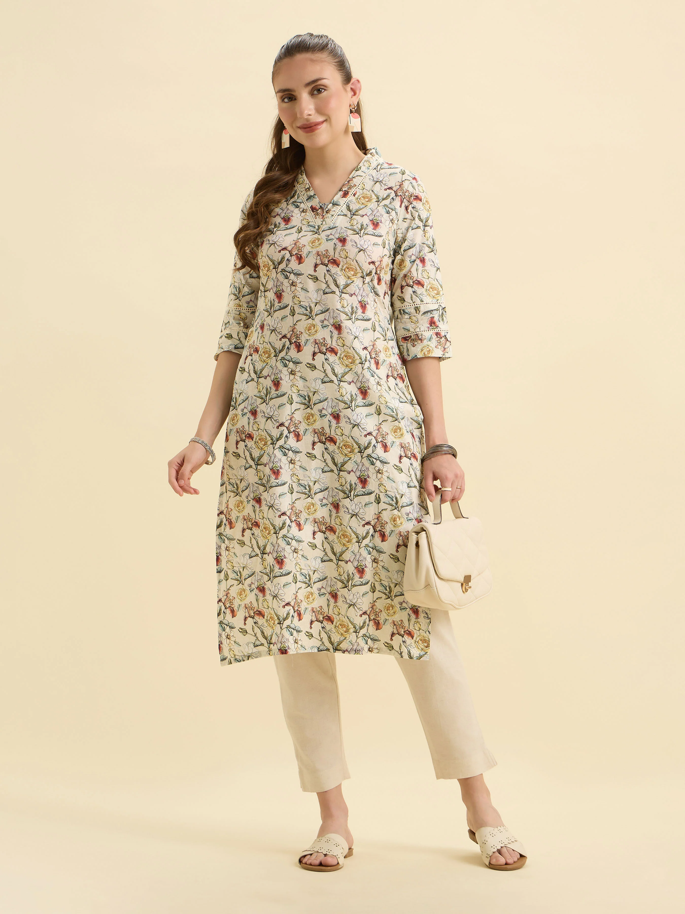 White Multicolour Pure Cotton Printed Slitted Kurti With Lace - Image 6