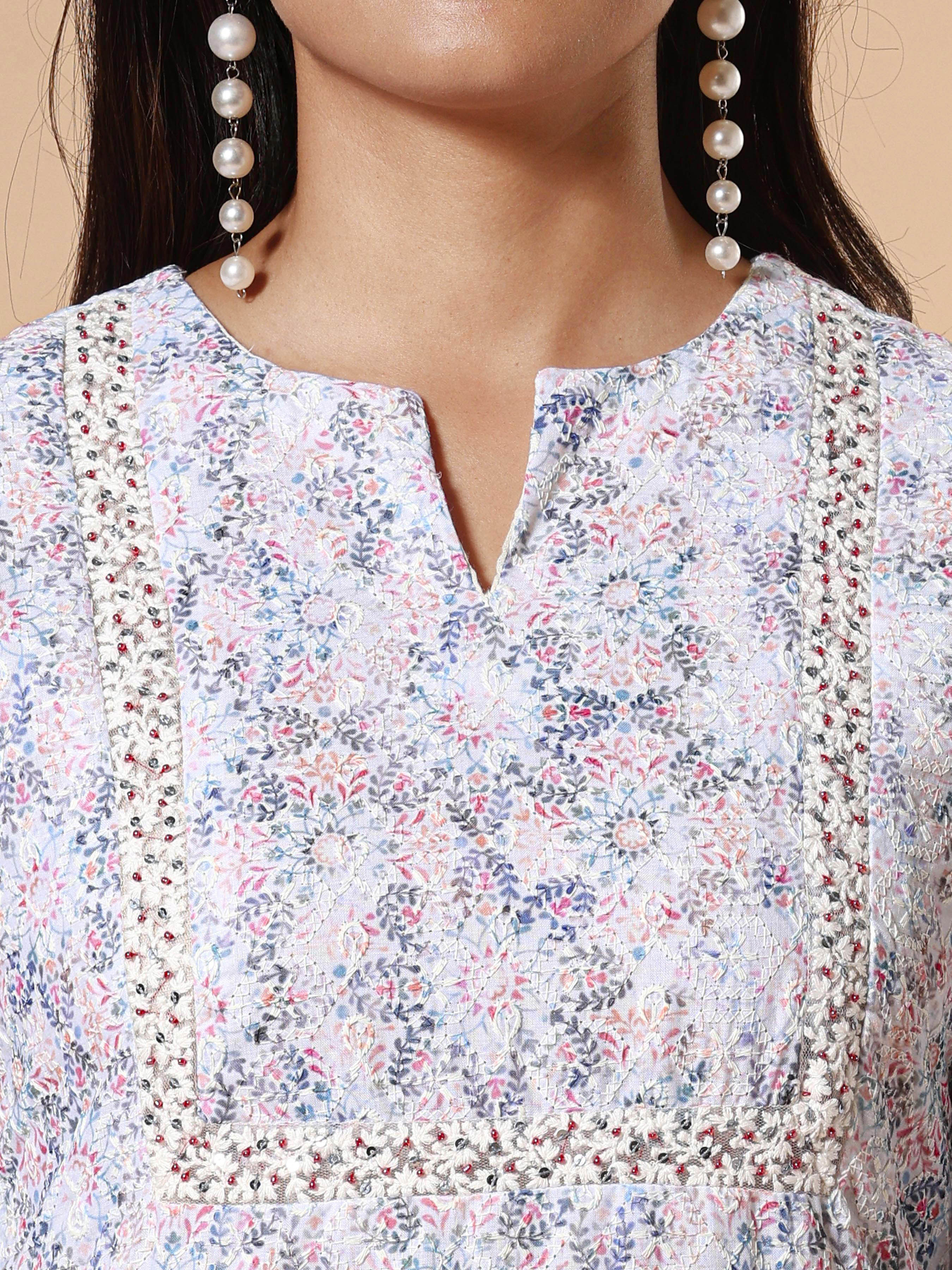 White Poly Cotton Schiffli Printed Kurti With Embroidery And Matching Bottom - Image 2