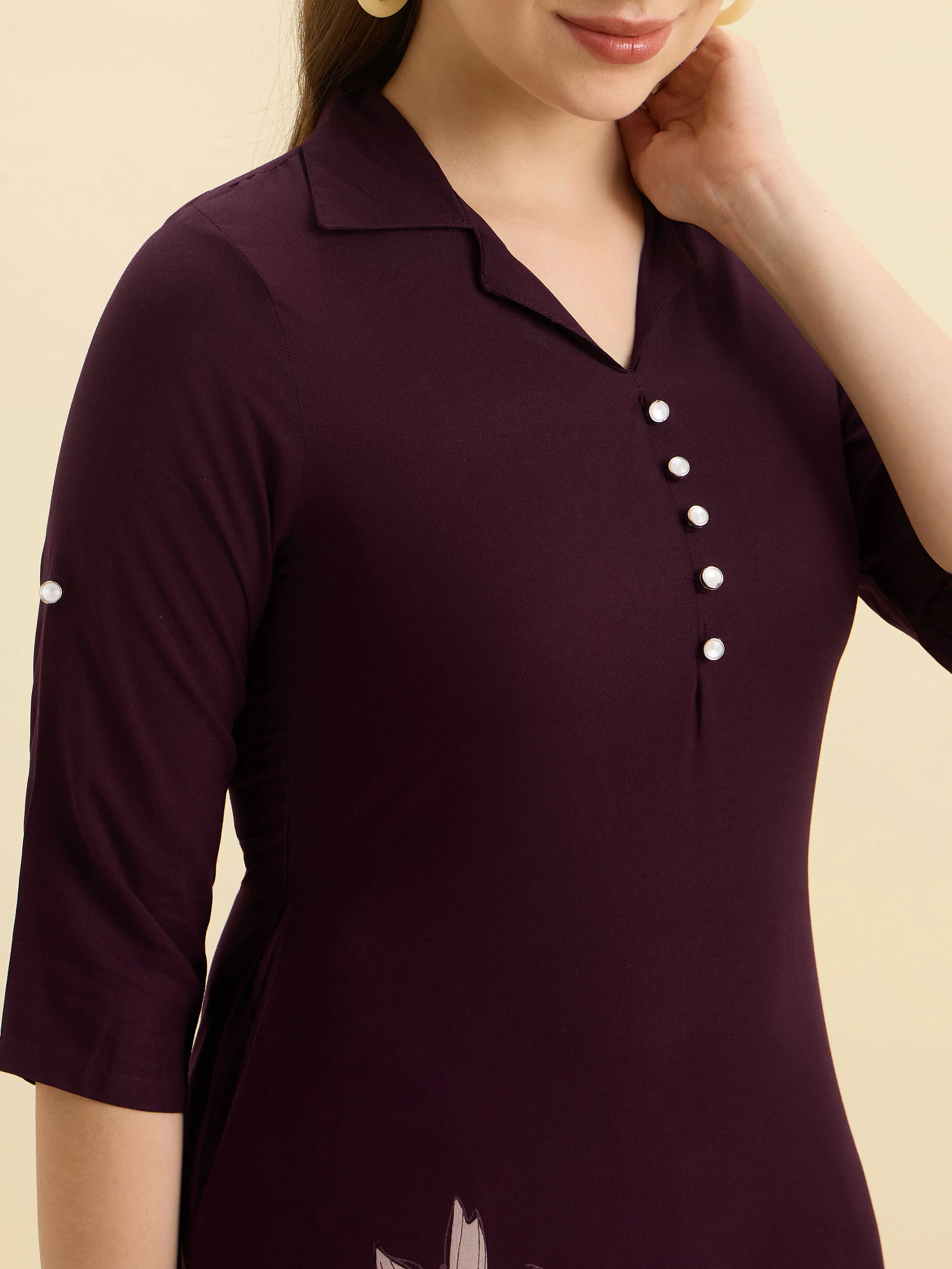 Wine Ivory Viscose Printed Flared Kurti - Image 2