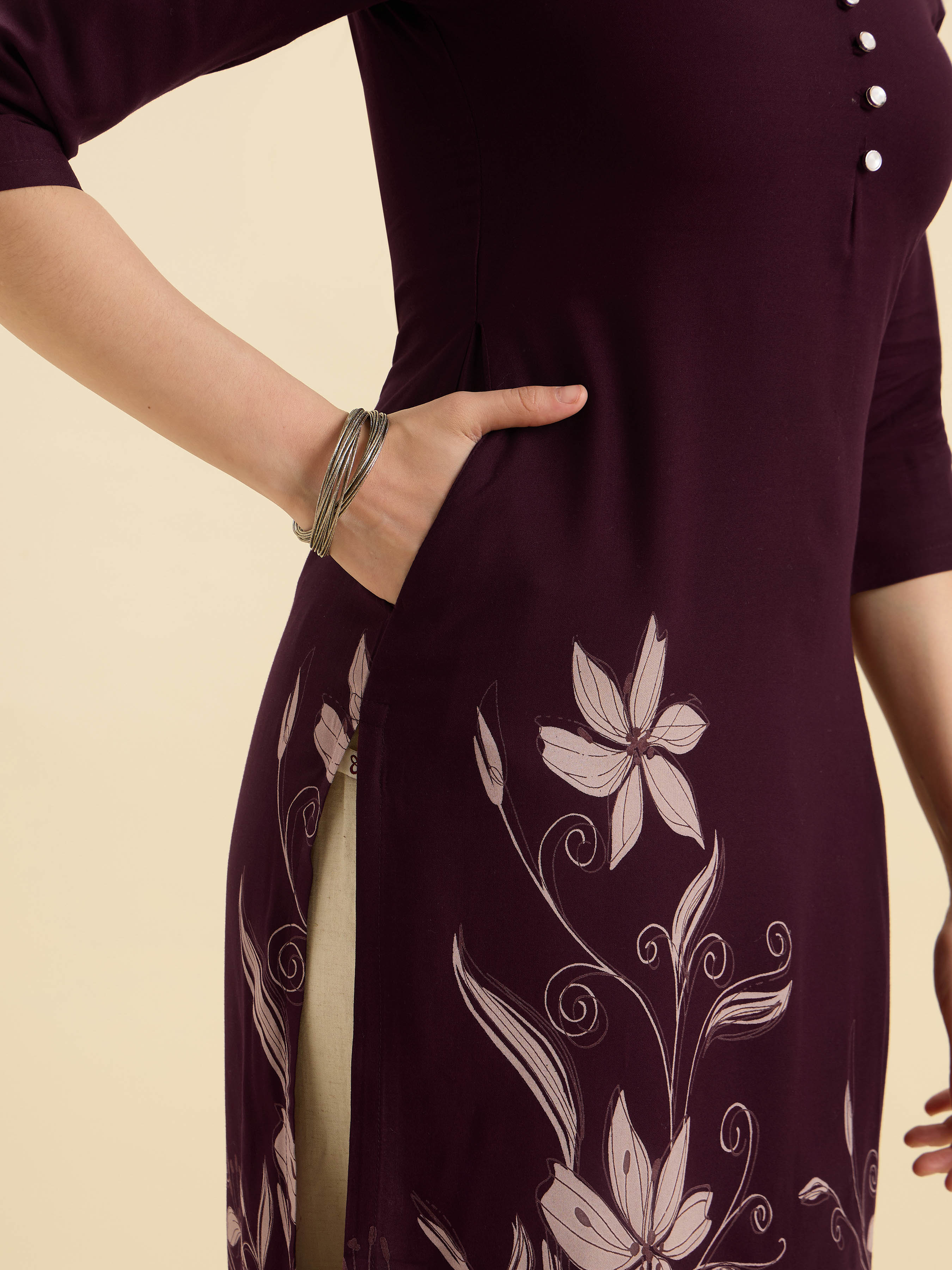 Wine Ivory Viscose Printed Flared Kurti - Image 3