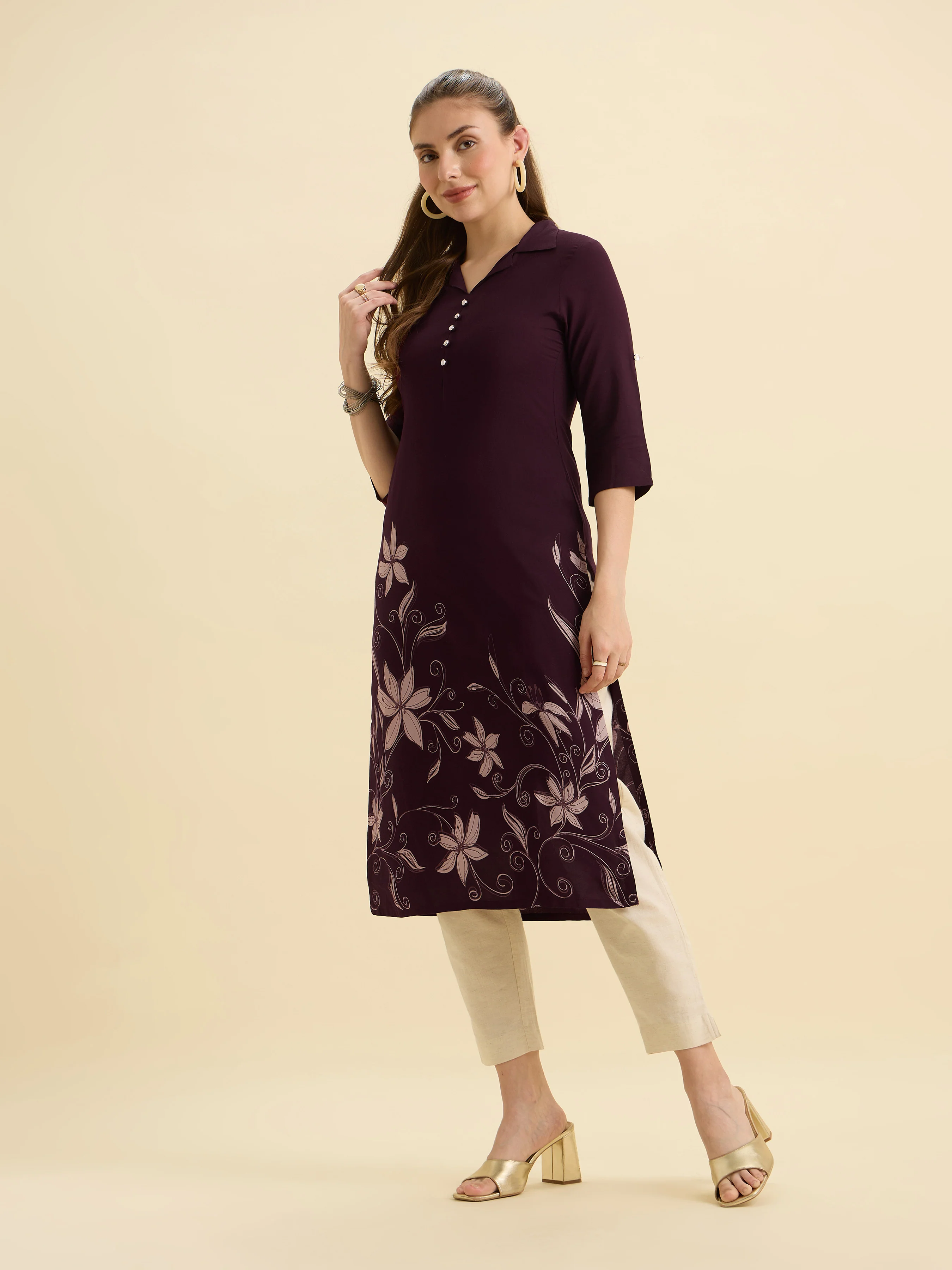 Wine Ivory Viscose Printed Flared Kurti - Image 5