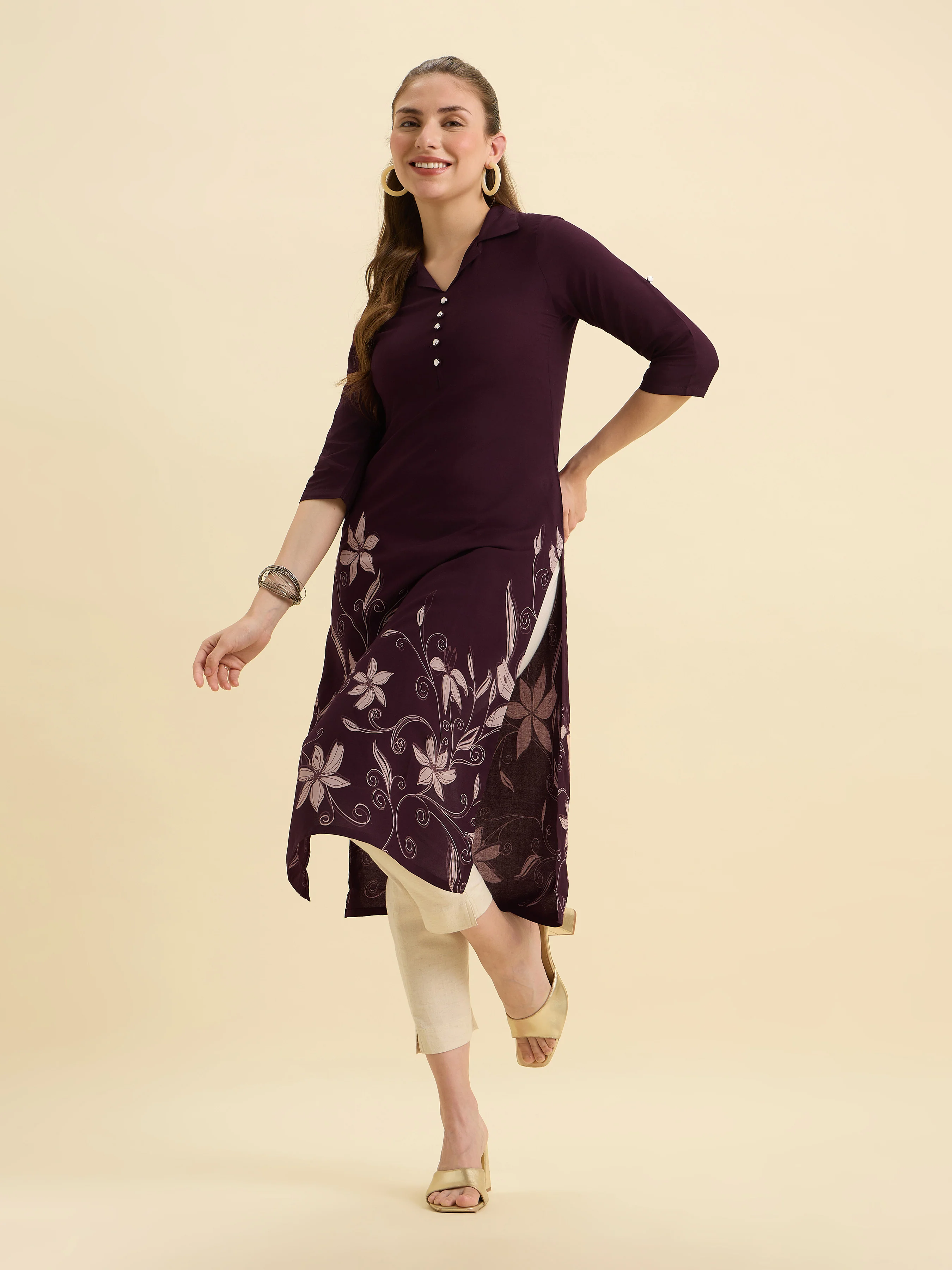 Wine Ivory Viscose Printed Flared Kurti - Image 6