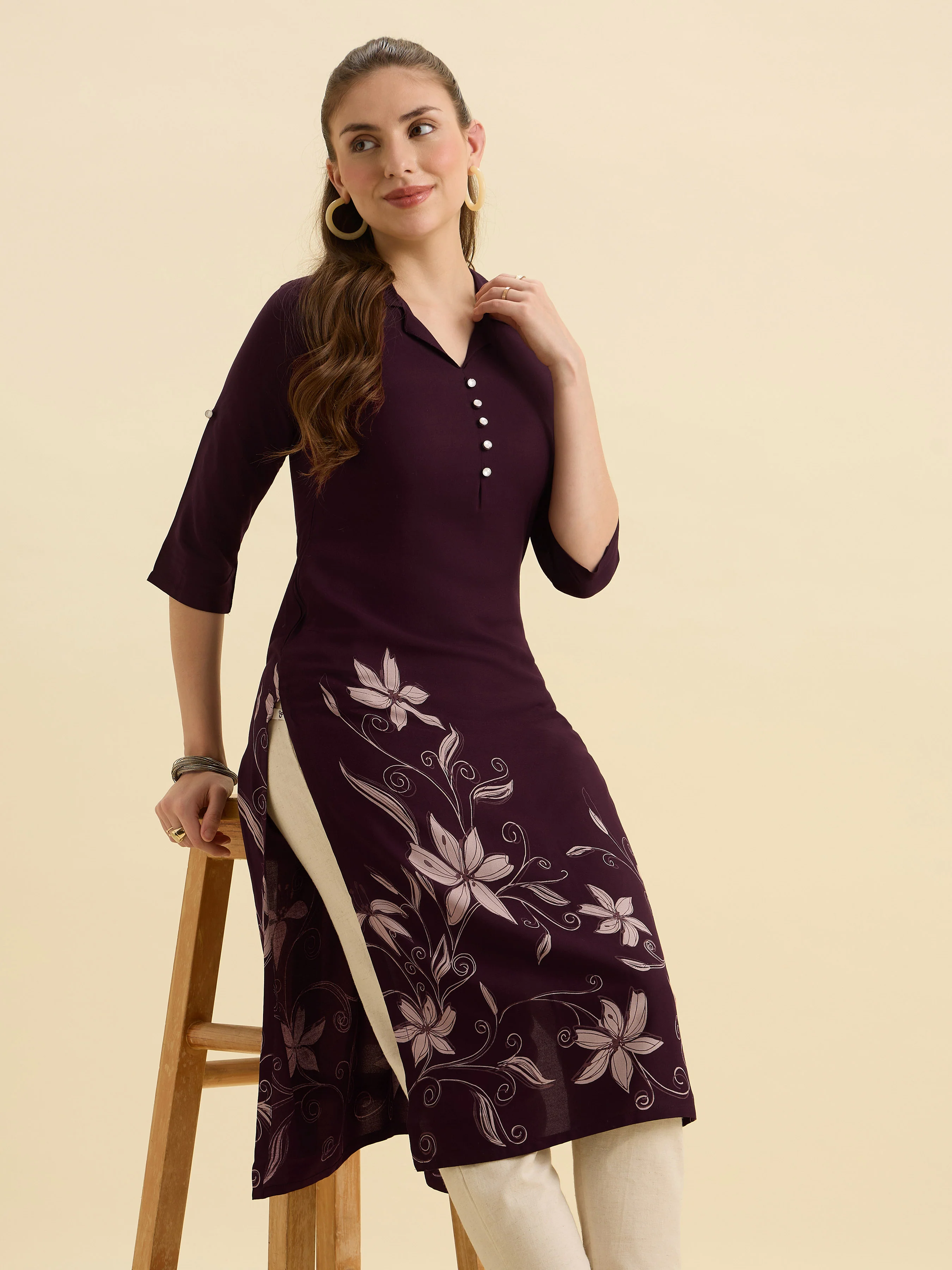 Wine Ivory Viscose Printed Flared Kurti - Image 7
