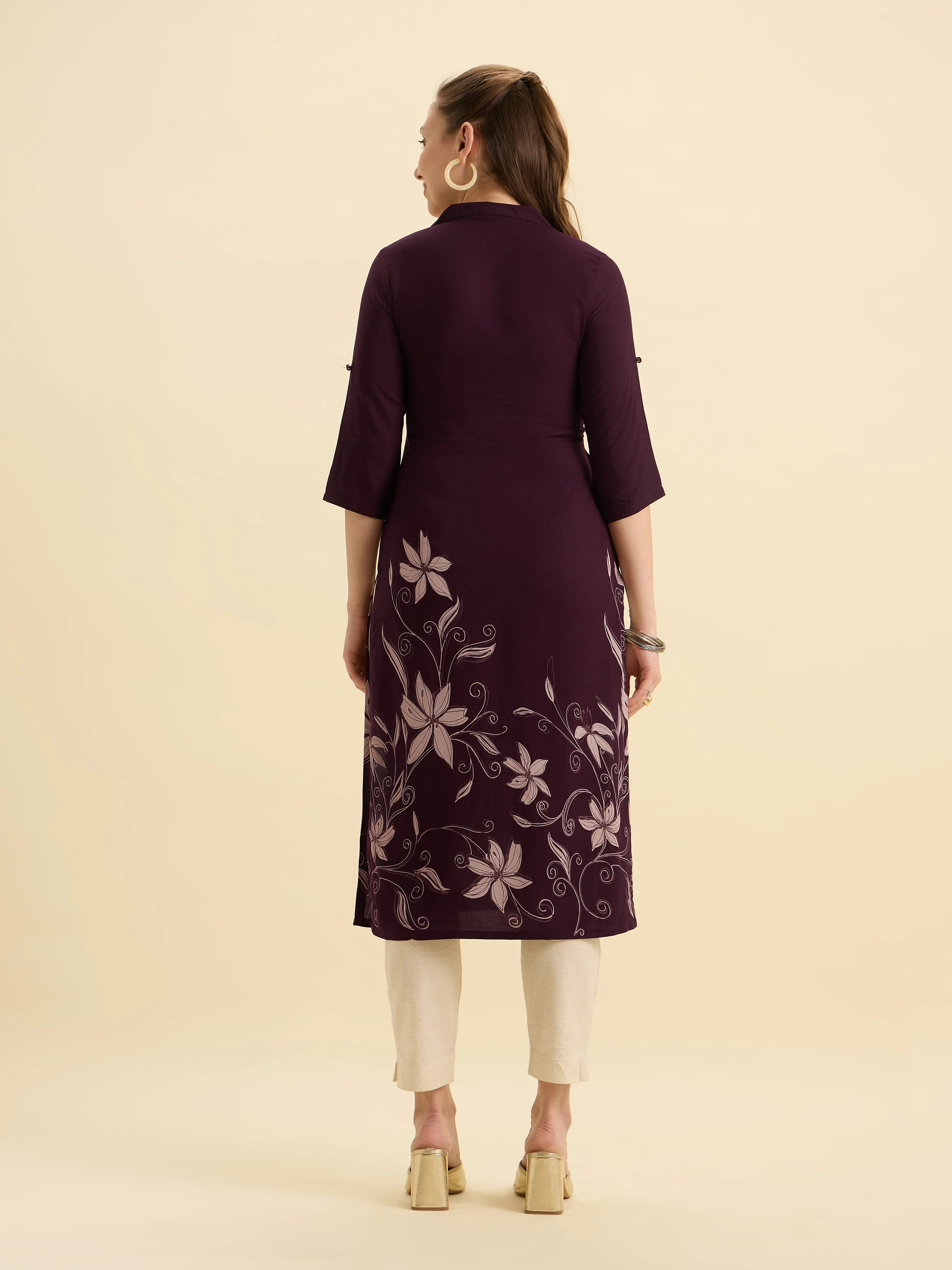 Wine Ivory Viscose Printed Flared Kurti - Image 8