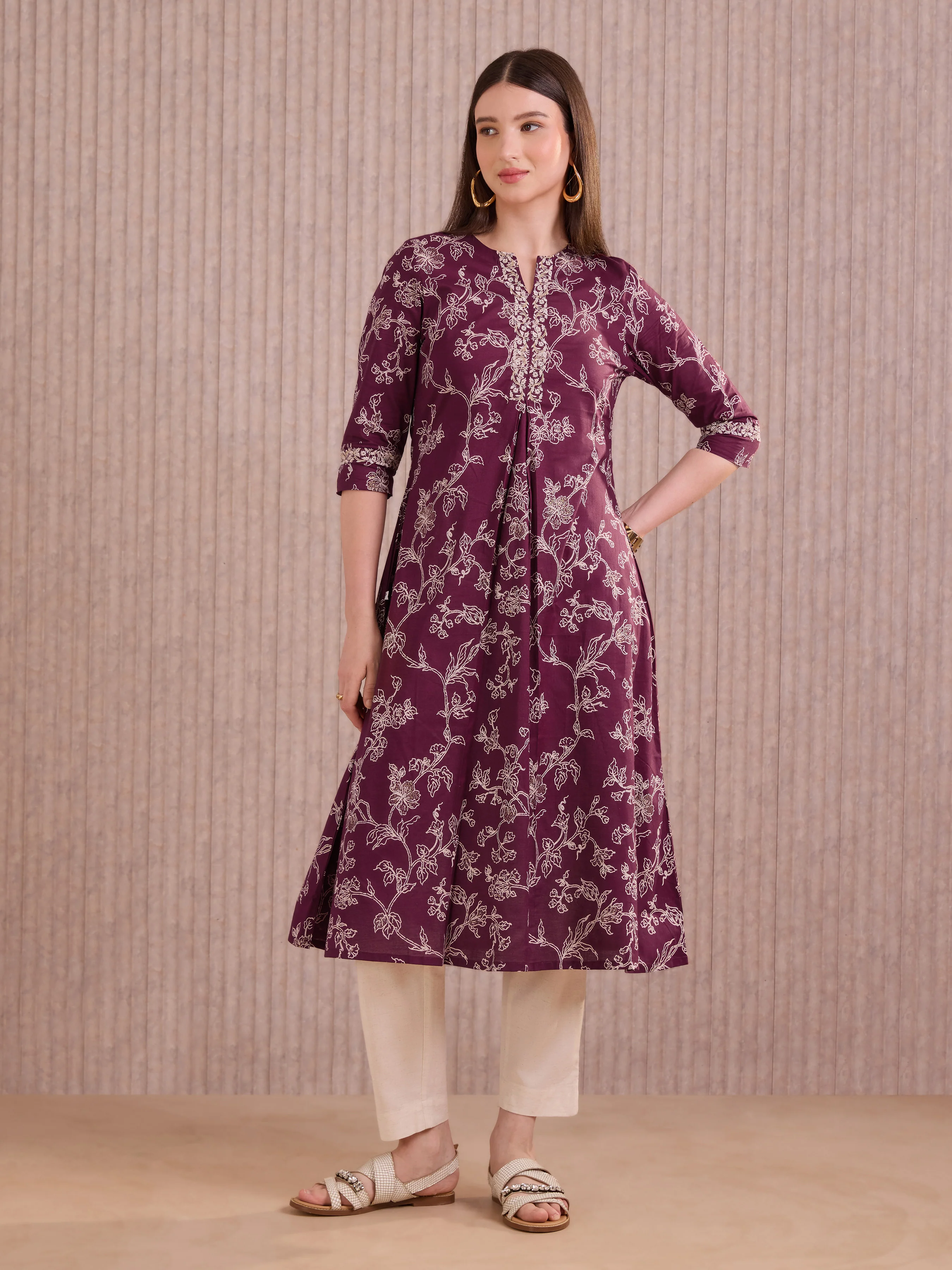 Wine Red Pure Cotton Foil Printed Kurti With Embroidery
