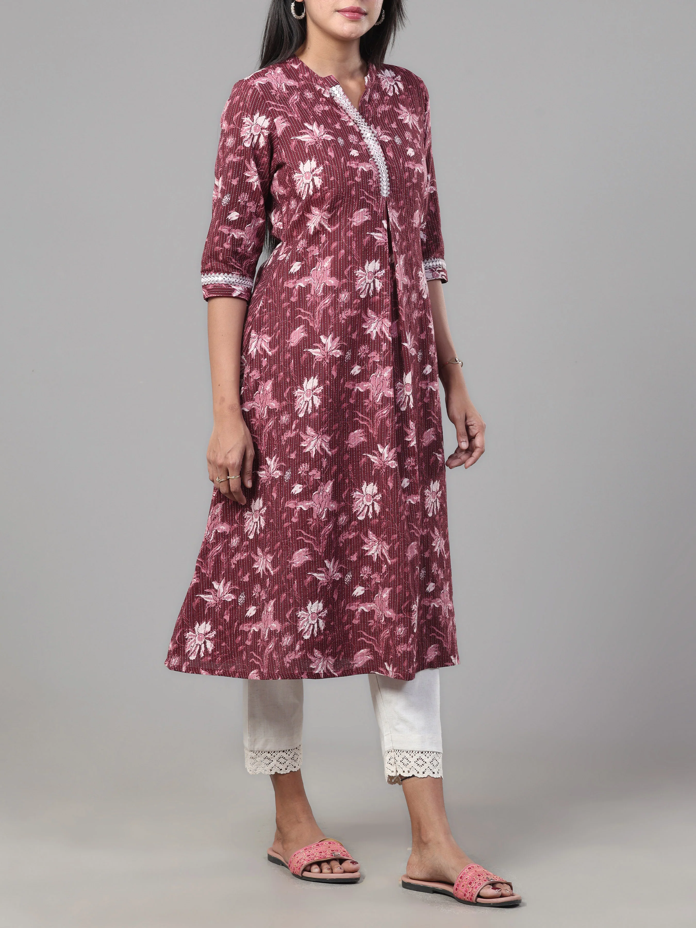 Wine Red Pure Cotton Kurti With Embroidery - Image 3