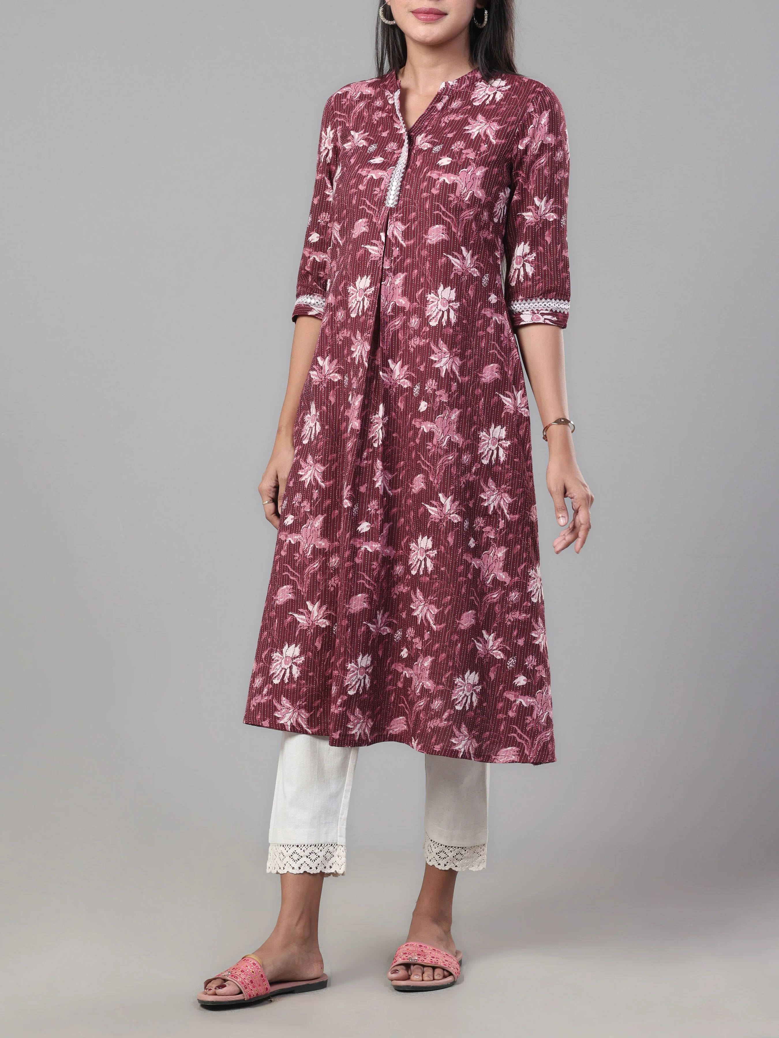 Wine Red Pure Cotton Kurti With Embroidery - Image 4