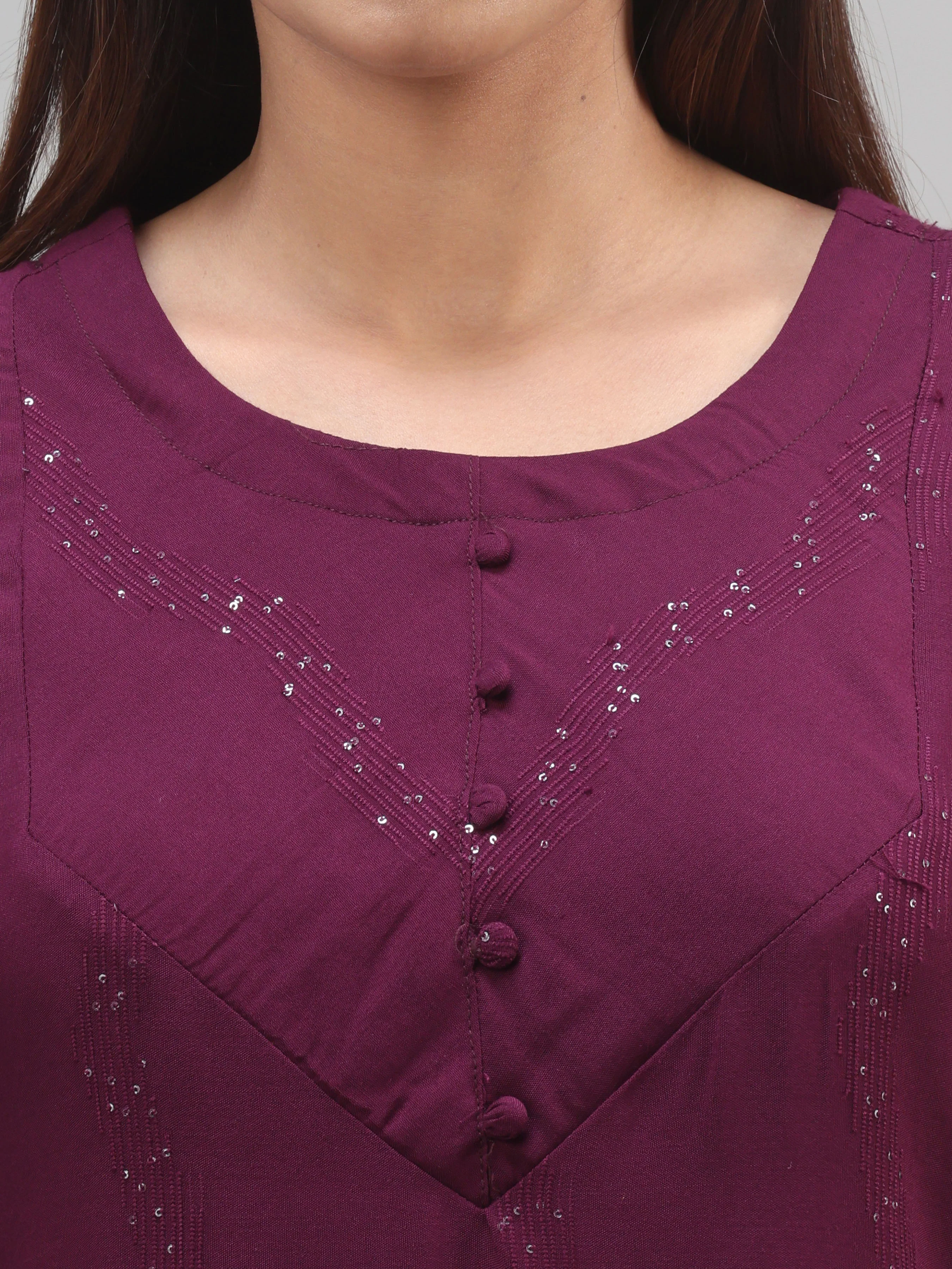 Wine-Red Viscose Dobby Plain Kurti With Sequins Work - Image 2