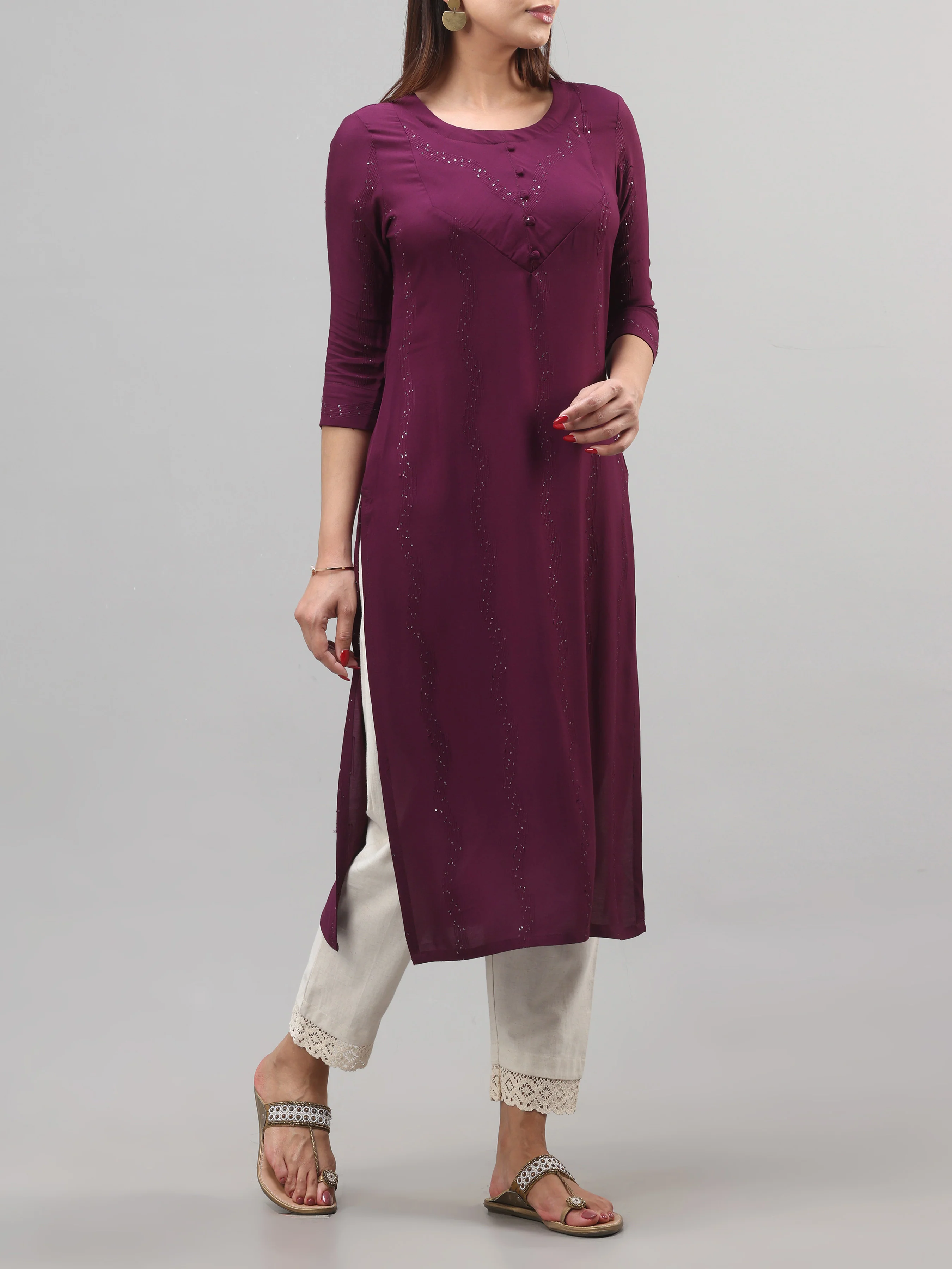 Wine-Red Viscose Dobby Plain Kurti With Sequins Work - Image 3