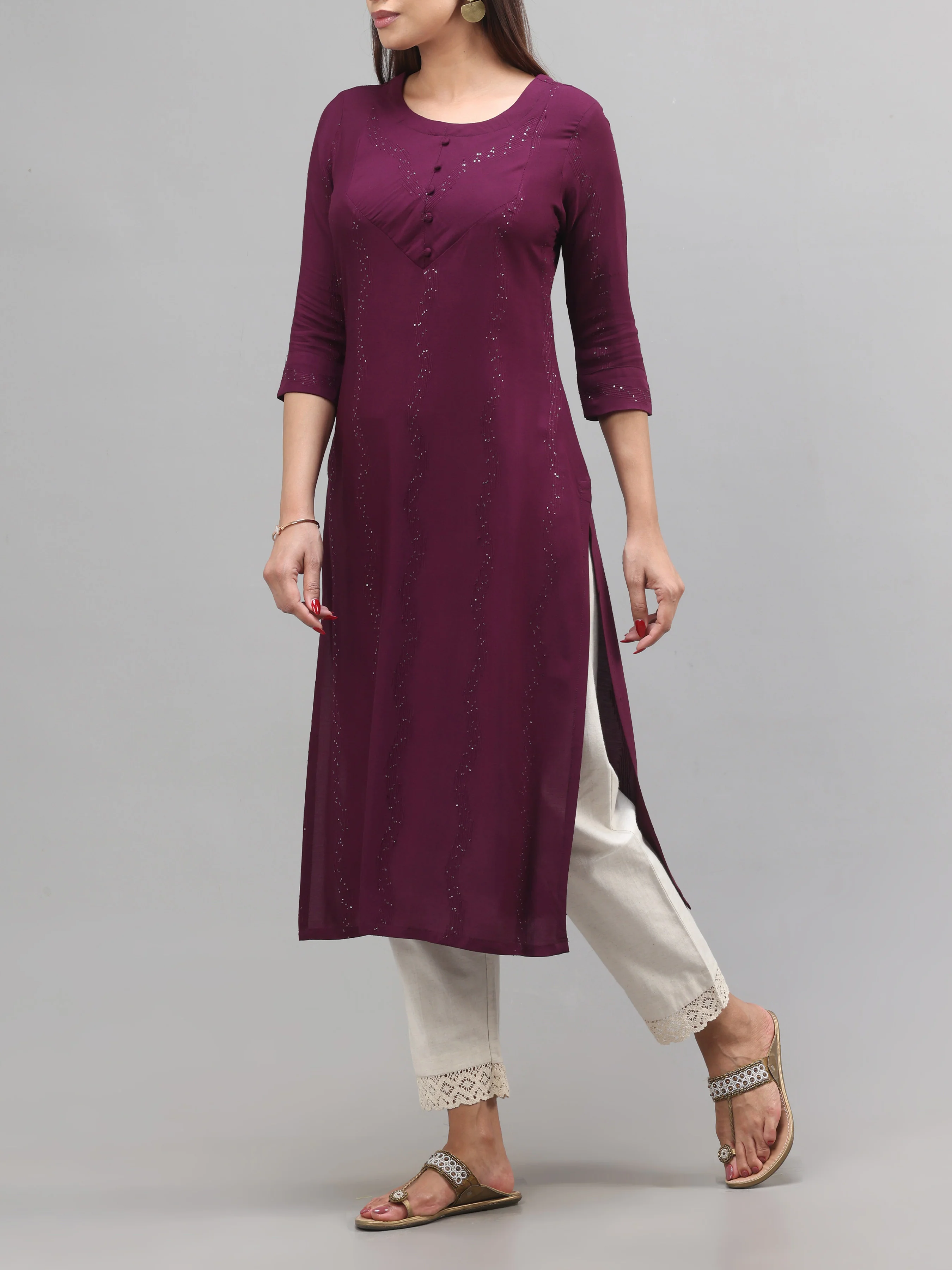 Wine-Red Viscose Dobby Plain Kurti With Sequins Work - Image 4