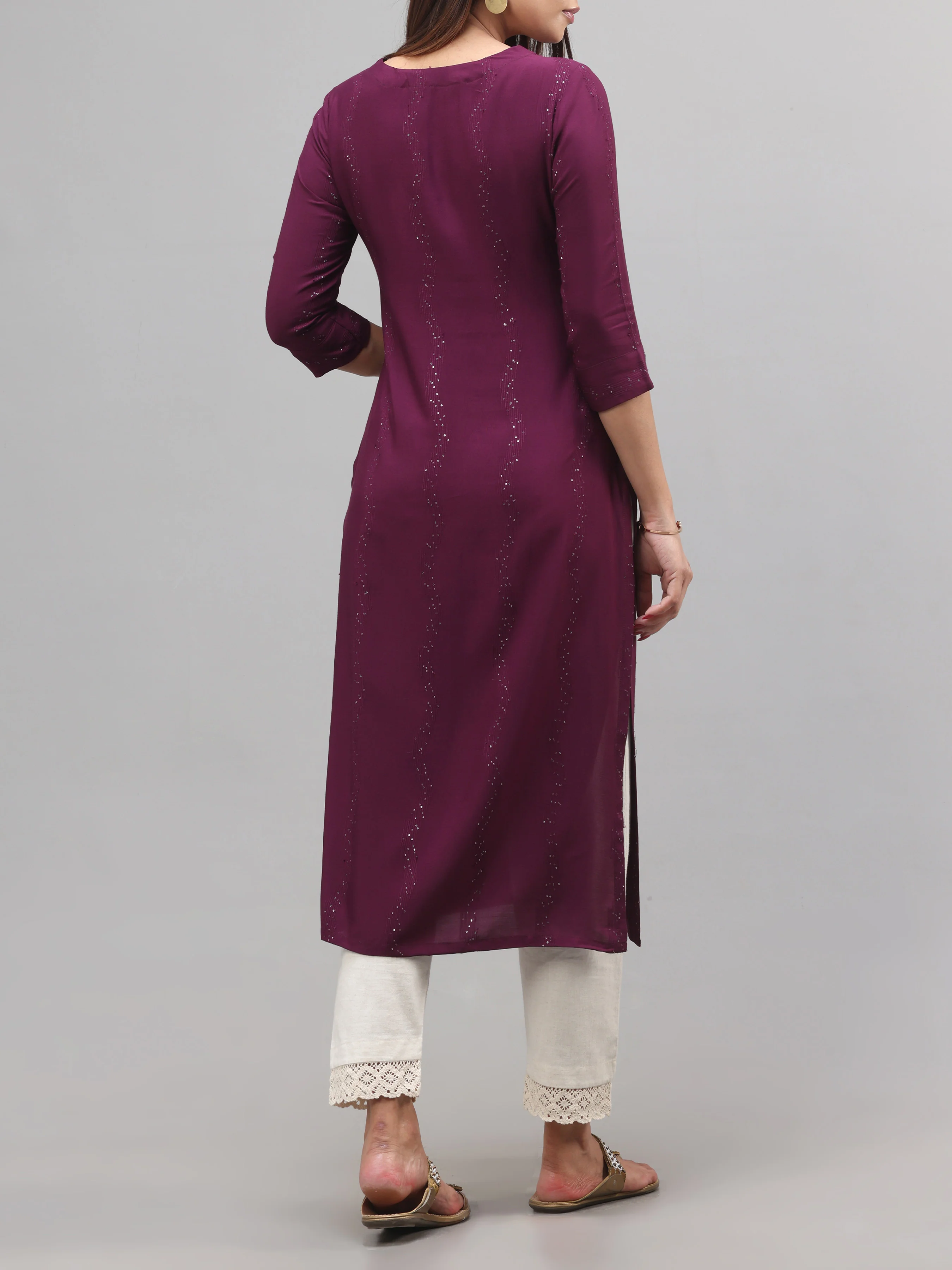 Wine-Red Viscose Dobby Plain Kurti With Sequins Work - Image 5