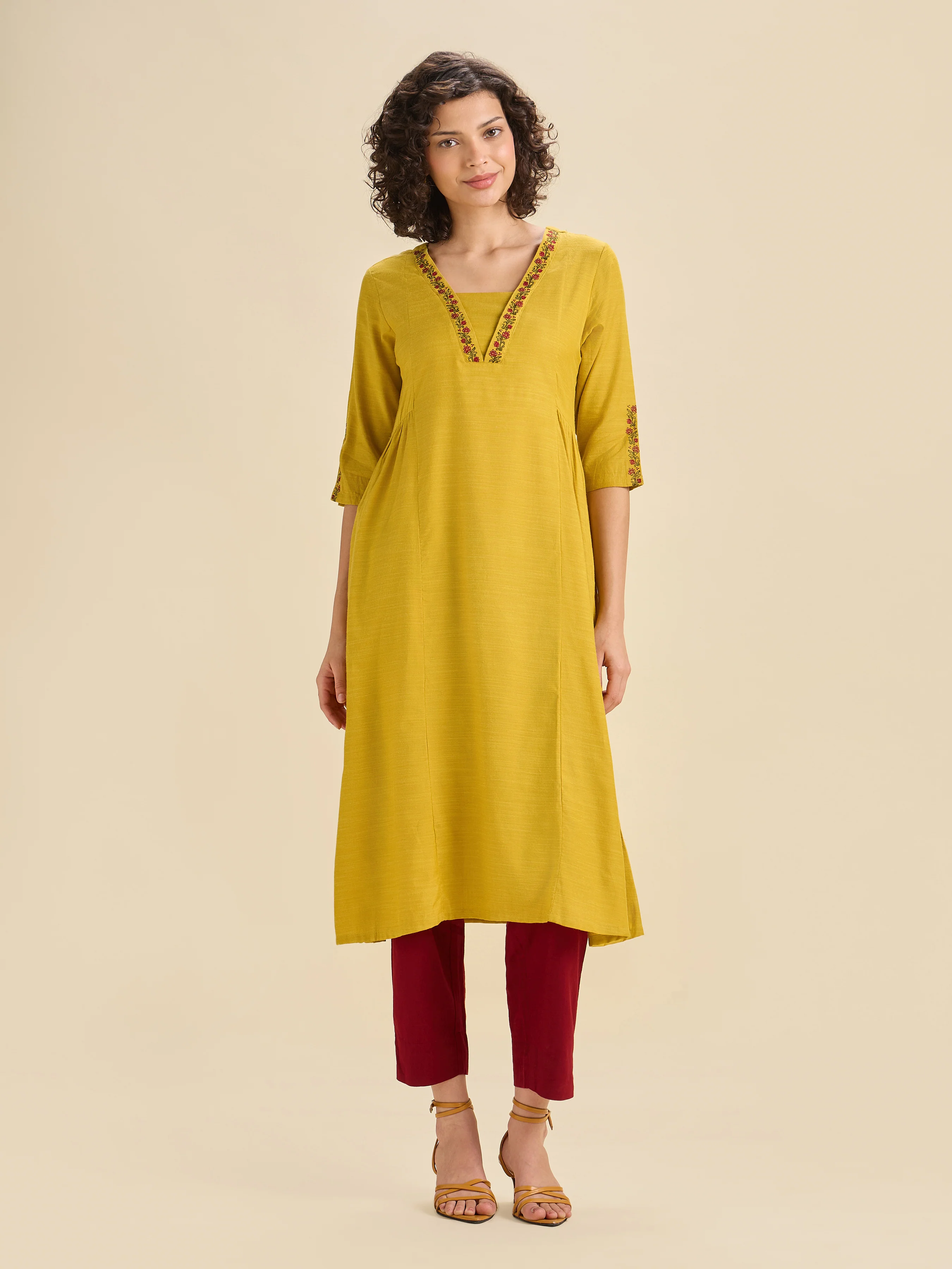 Yellow Cotton Viscose Flared Kurti With Embroidery