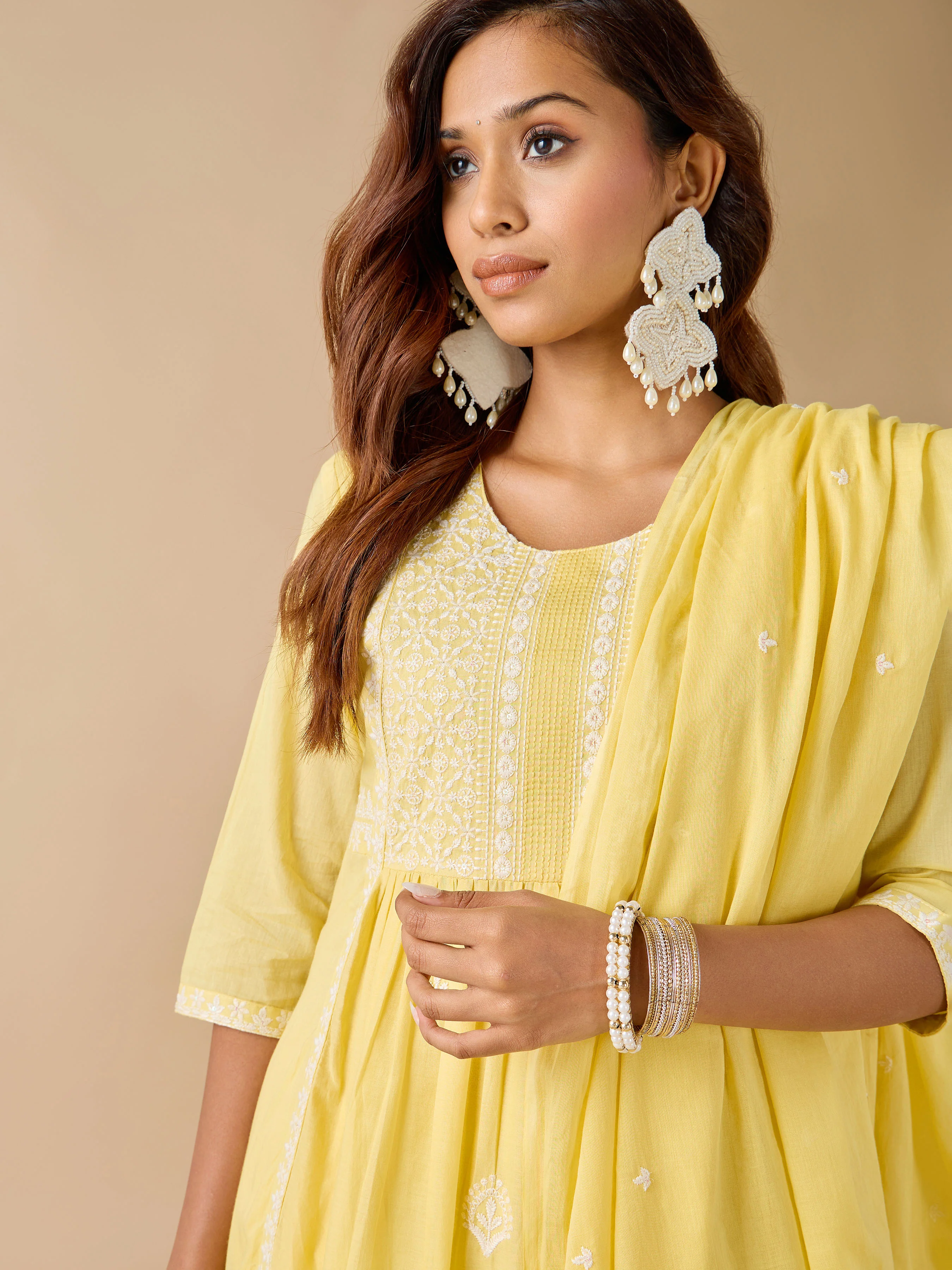 Yellow Pure Cotton Kurti Set & Dupatta With Embroidery - Image 2