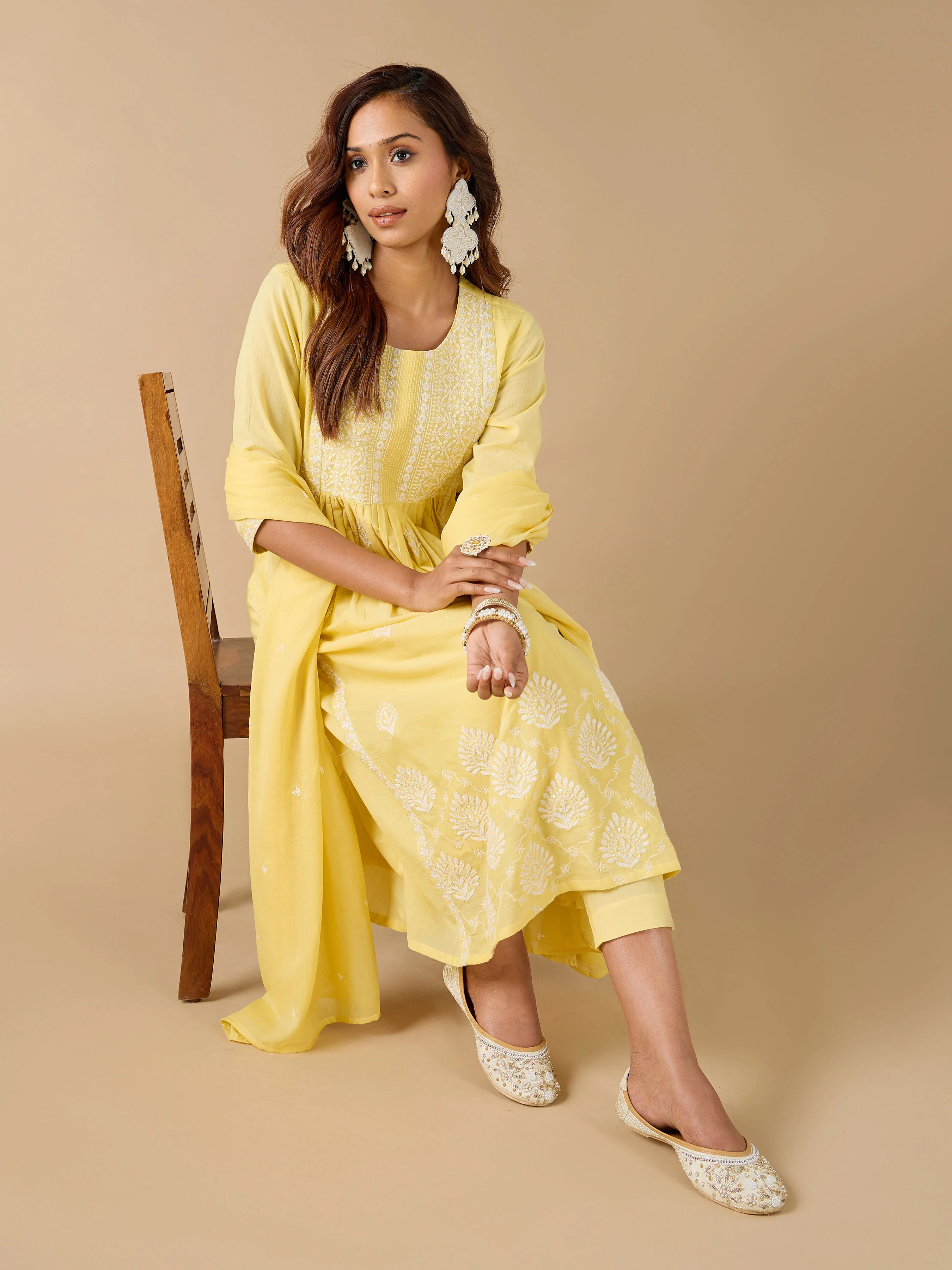 Yellow Pure Cotton Kurti Set & Dupatta With Embroidery - Image 3