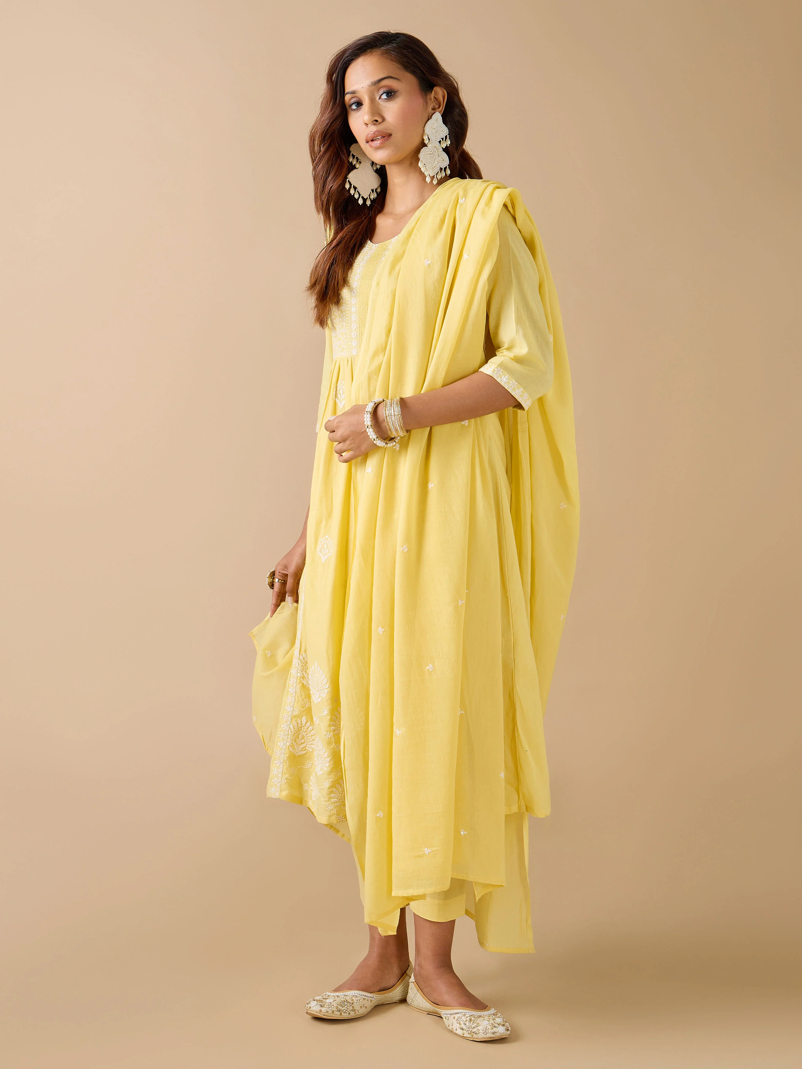 Yellow Pure Cotton Kurti Set & Dupatta With Embroidery - Image 4