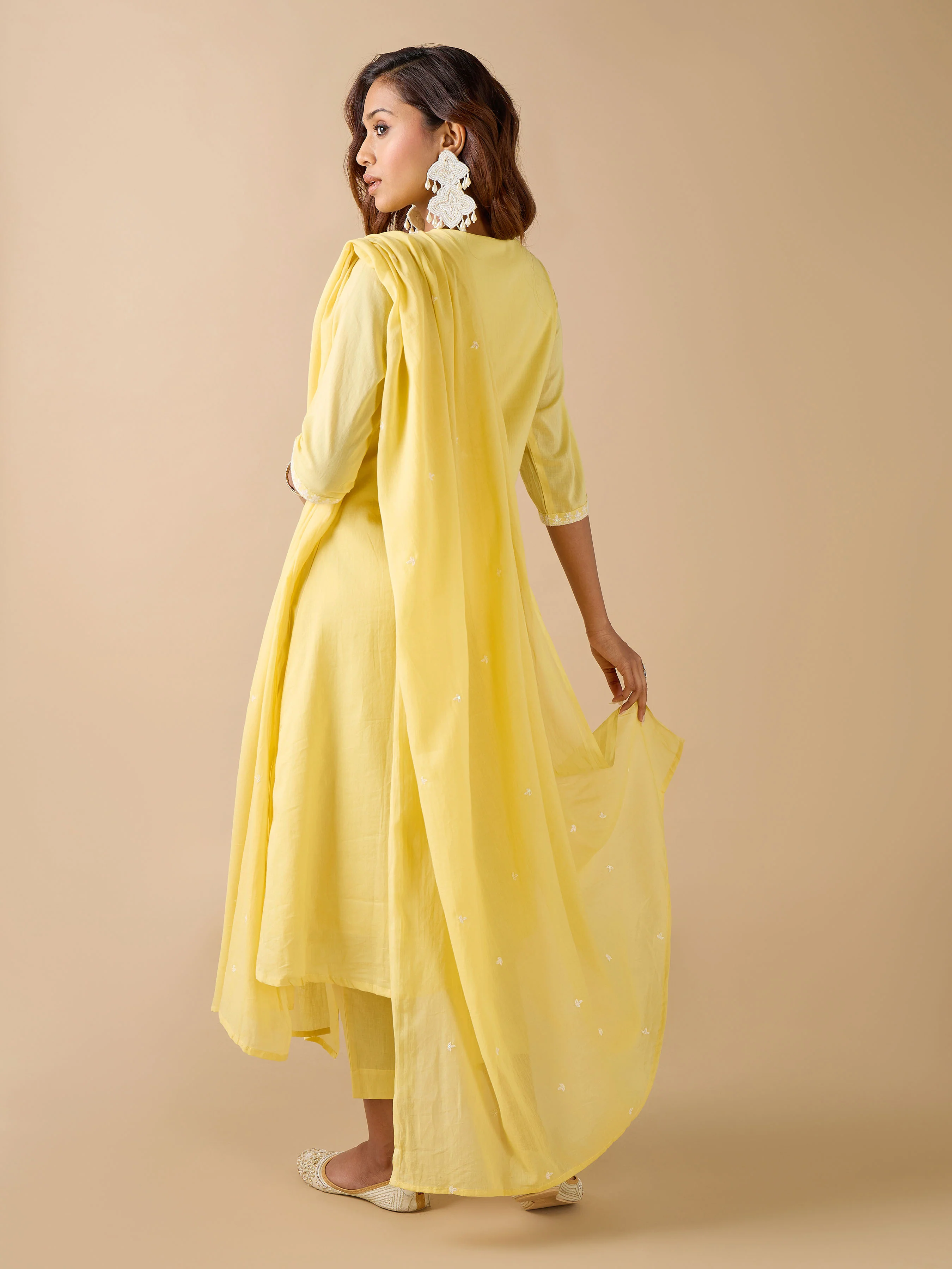 Yellow Pure Cotton Kurti Set & Dupatta With Embroidery - Image 5