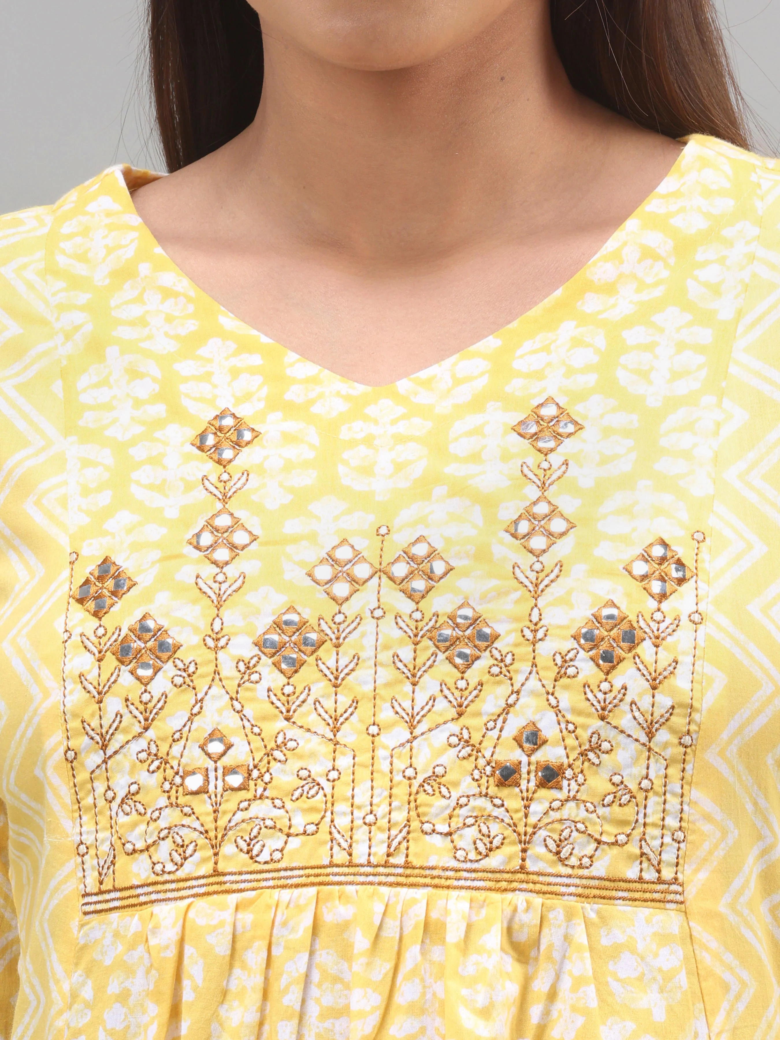 Yellow Pure Cotton Printed Kurti With Embroidery - Image 2