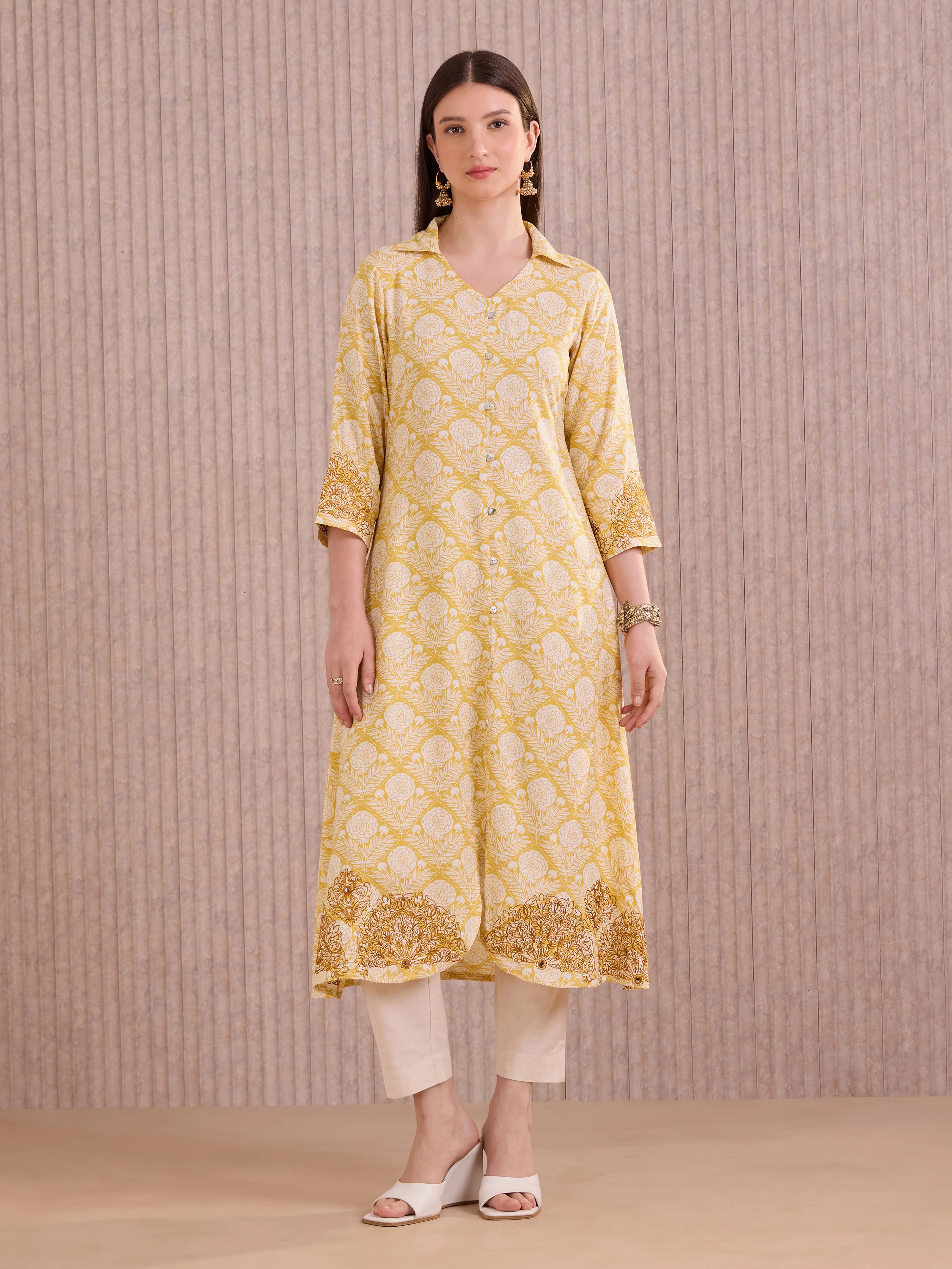 Yellow Viscose Printed Kurti With Embroidery