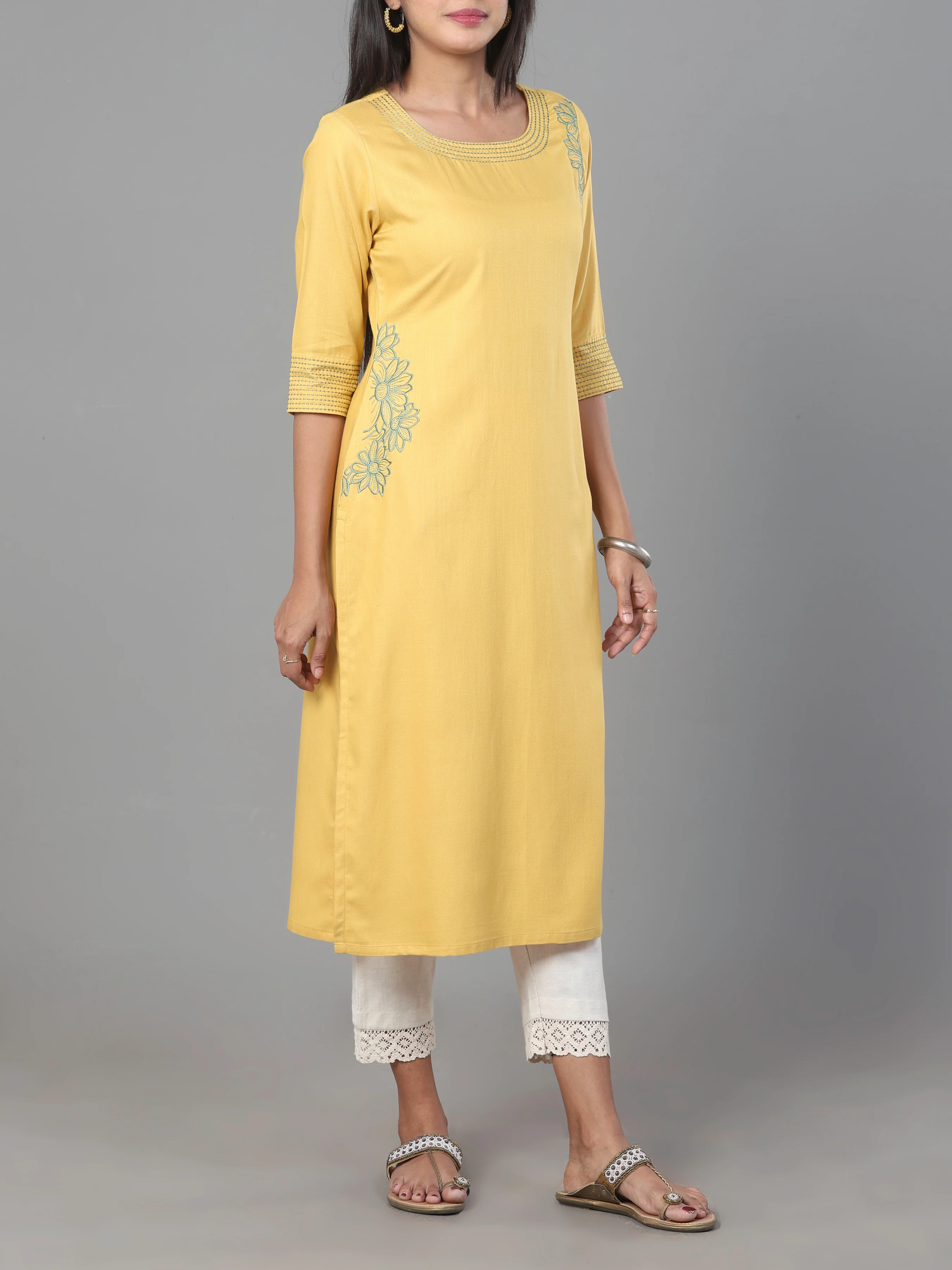 Yellow Viscose Twill Kurti With Embroidery - Image 3