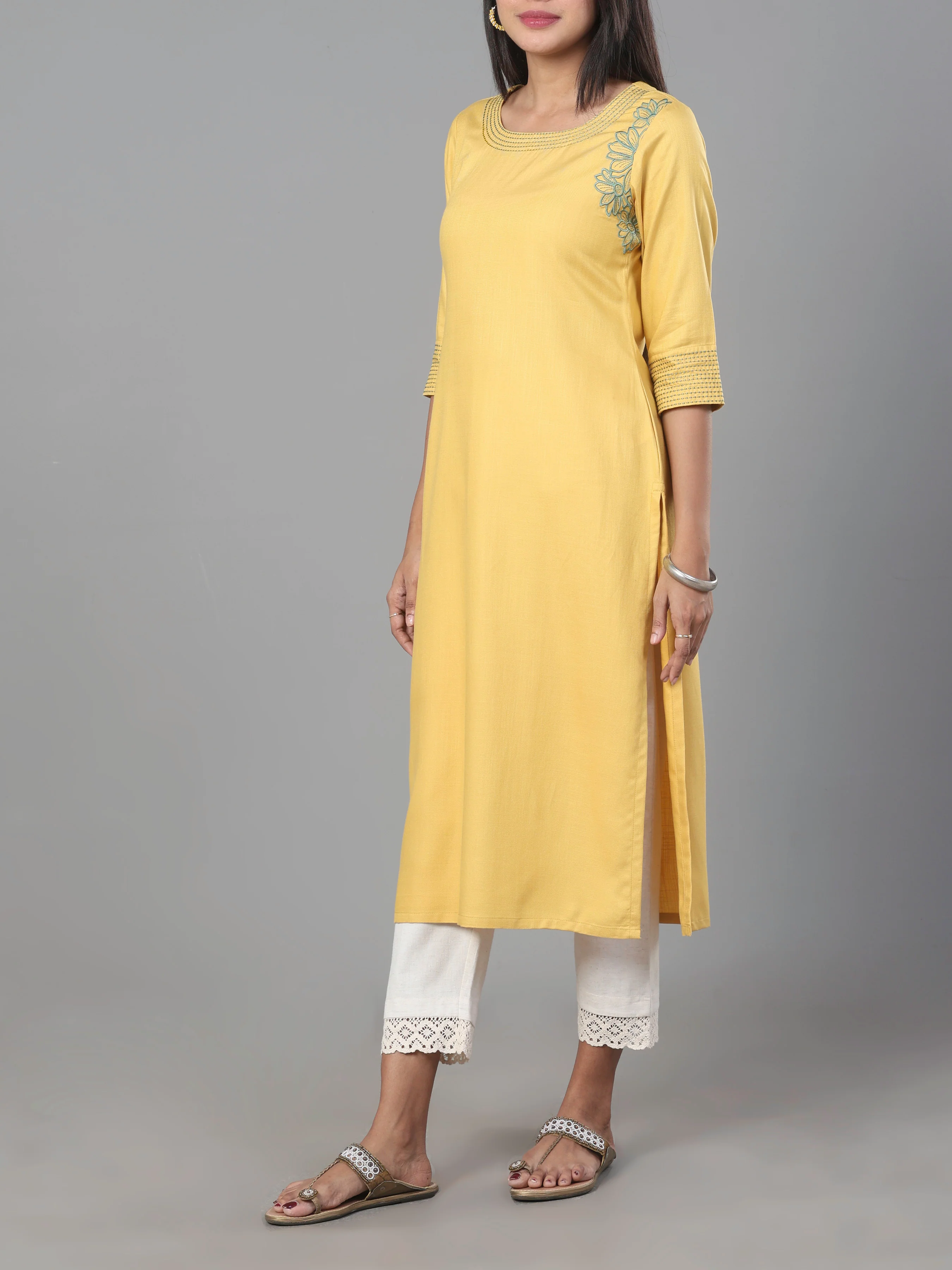 Yellow Viscose Twill Kurti With Embroidery - Image 4