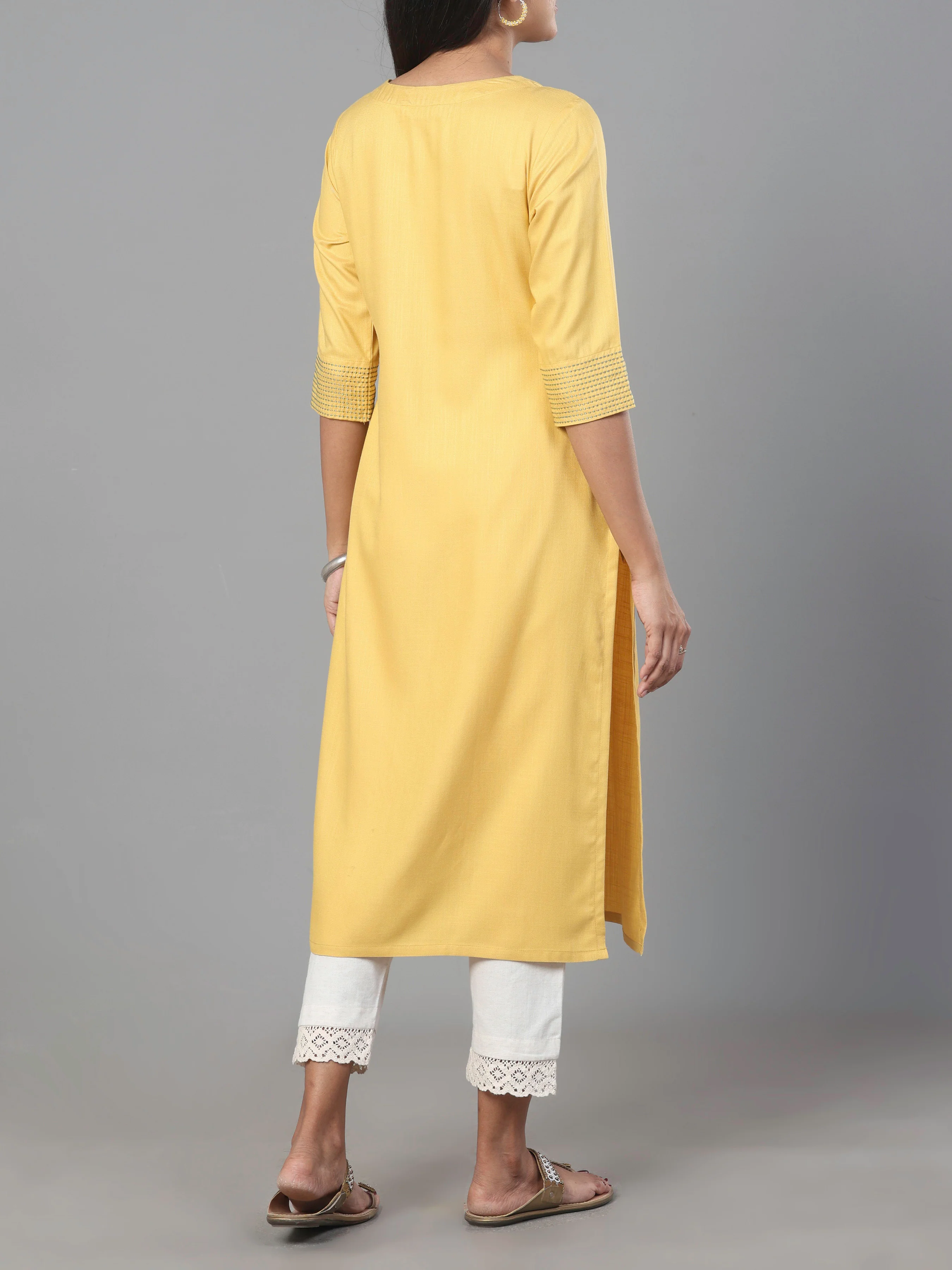 Yellow Viscose Twill Kurti With Embroidery - Image 5